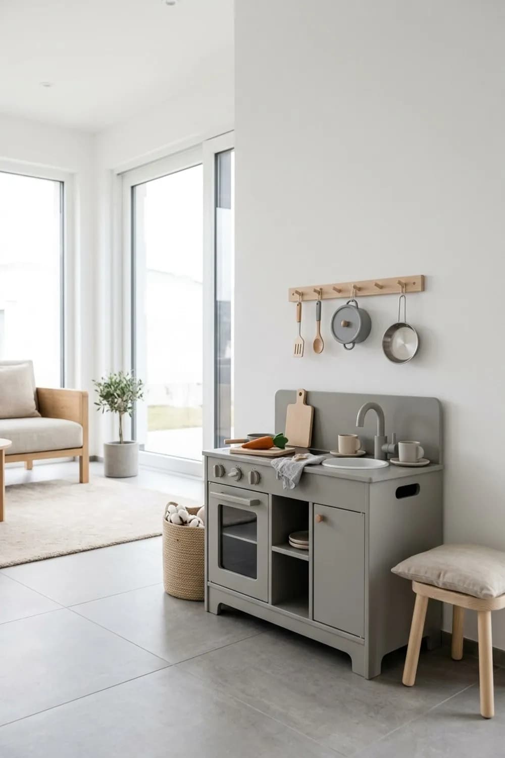 Die Design-Spielküche: Holzküche in Grau, kleine Hakenleiste und Mini-Kochgeschirr – Spielecke im Wohnzimmer: 11 schöne Ideen