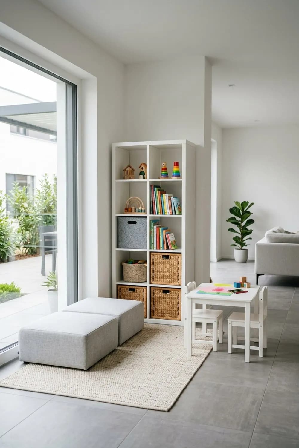 Die flexible Zone: Modulare Würfelregale, Sitzwürfel und ein leichter Teppich – Spielecke im Wohnzimmer: 11 schöne Ideen