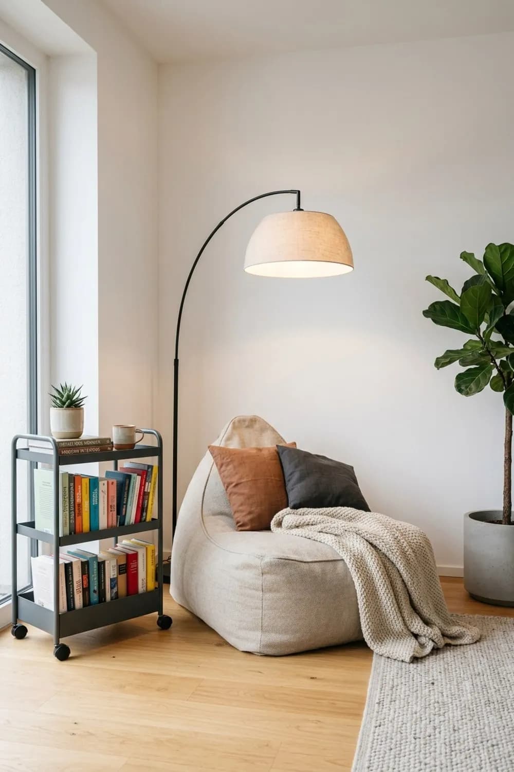 Die gemütliche Leselounge: Großer Sitzsack, eine Bogenlampe und ein Rollwagen für Bücher – Spielecke im Wohnzimmer: 11 schöne Ideen