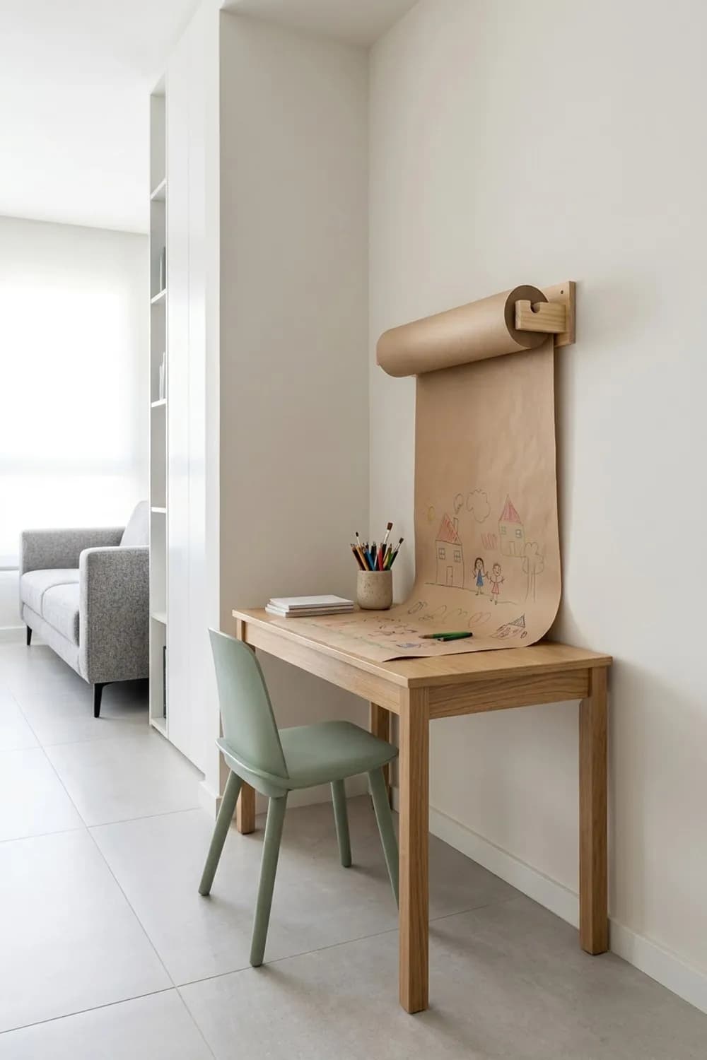 Die Kreativ-Werkstatt: Schmaler Kinderschreibtisch, Wand-Papierrolle und Stiftehalter – Spielecke im Wohnzimmer: 11 schöne Ideen