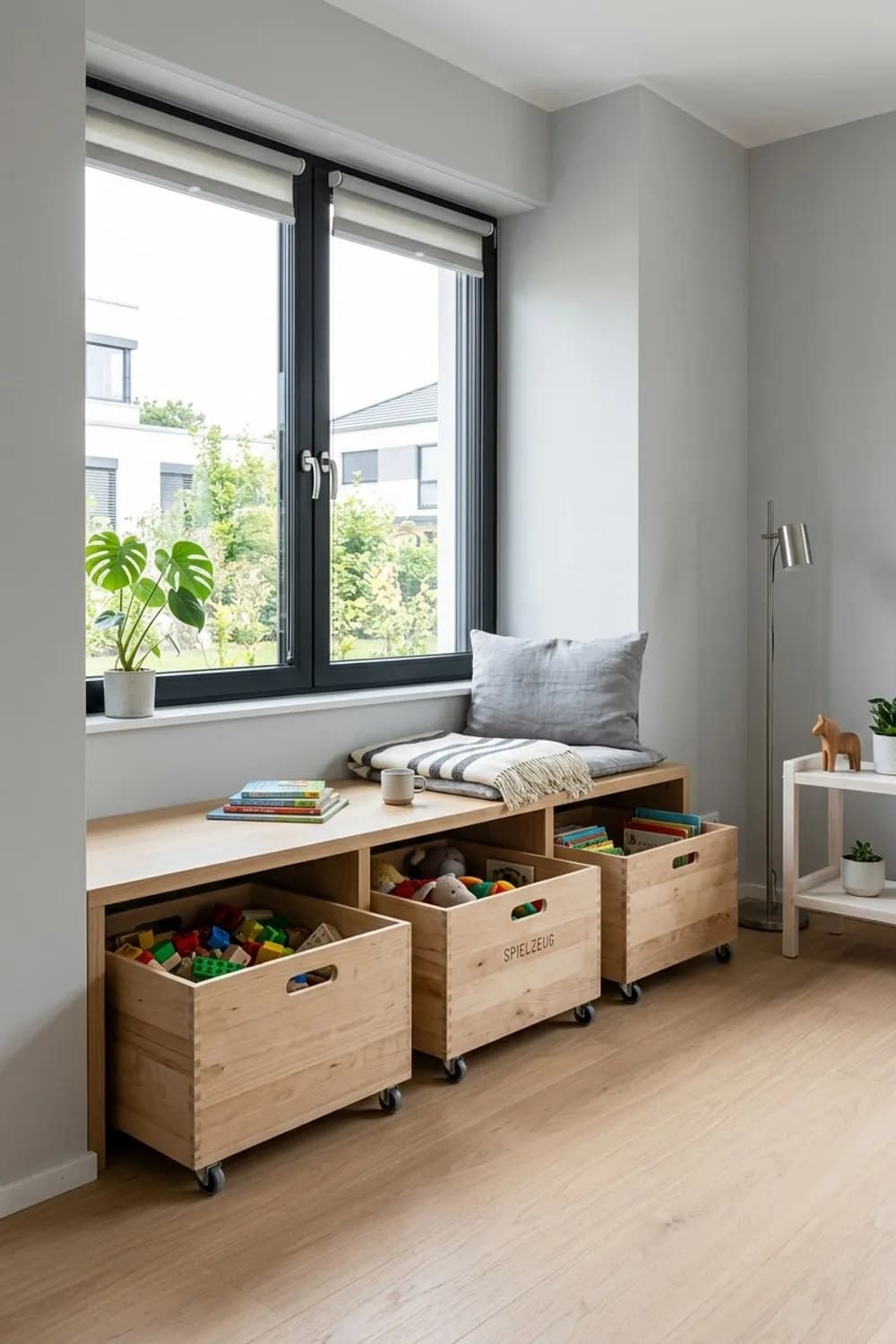 Die mobile Ordnung: Rollbare Holzkisten unter einer Sitzbank am Fenster – Spielecke im Wohnzimmer: 11 schöne Ideen
