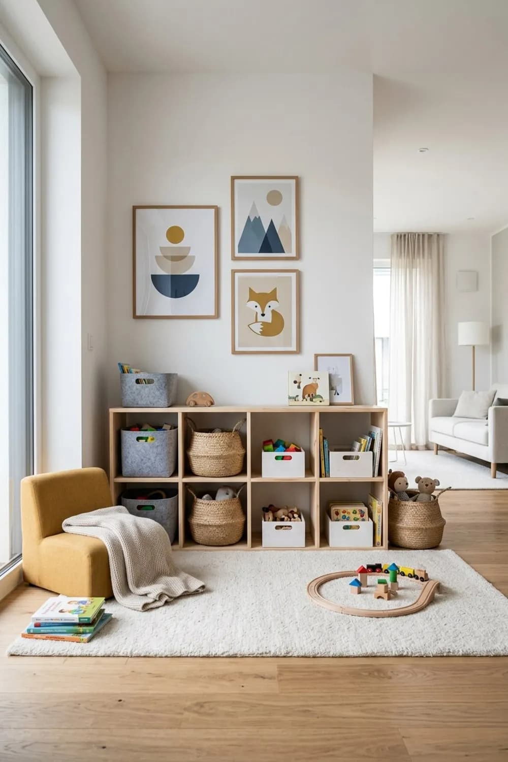 Die skandinavische Nische: Helles Holzregal, weicher Wollteppich und grafische Prints – Spielecke im Wohnzimmer: 11 schöne Ideen
