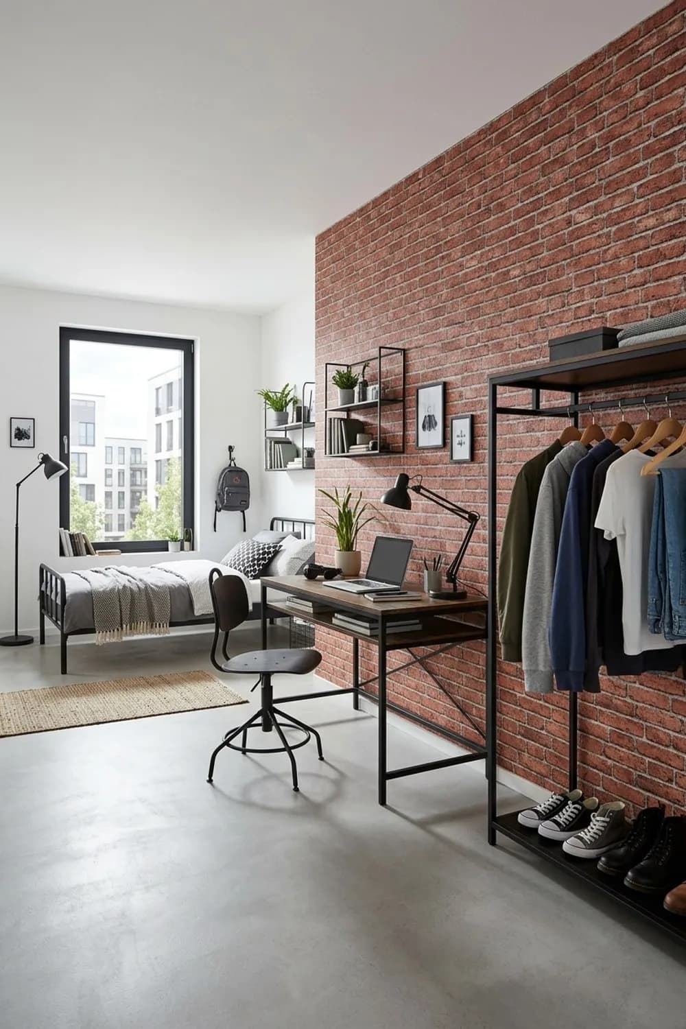 Loft-Gefühl: Tapete in Backsteinoptik, Industrial-Möbel und offene Kleiderstangen – Teenager-Zimmer für Mädchen: 11 schöne Ideen