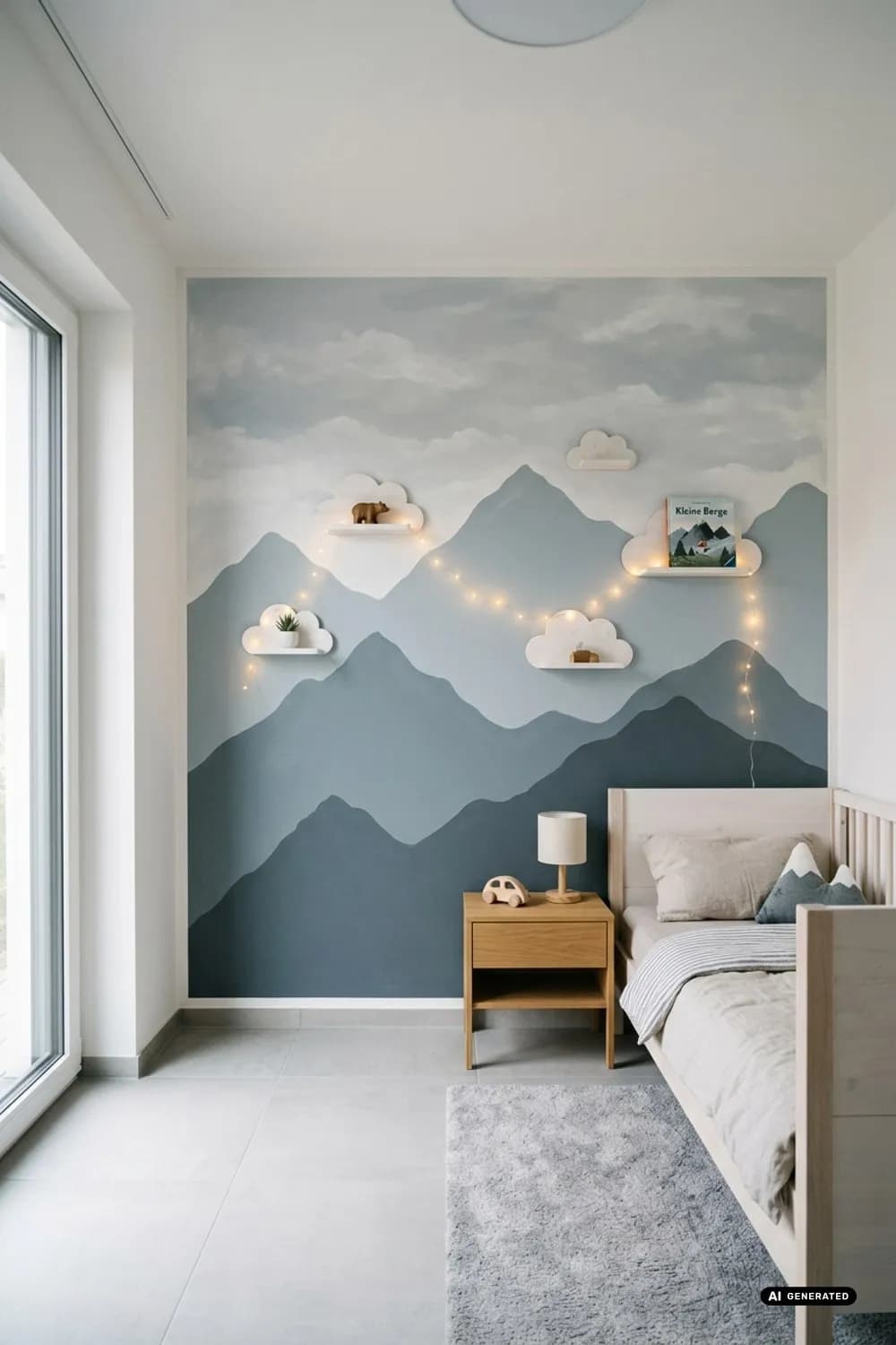 Abenteuer im Kinderzimmer: Bergpanorama-Wandbild, Wolken-Regale und eine Lichterkette – Wandgestaltung im Zimmer: 7 schöne Ideen