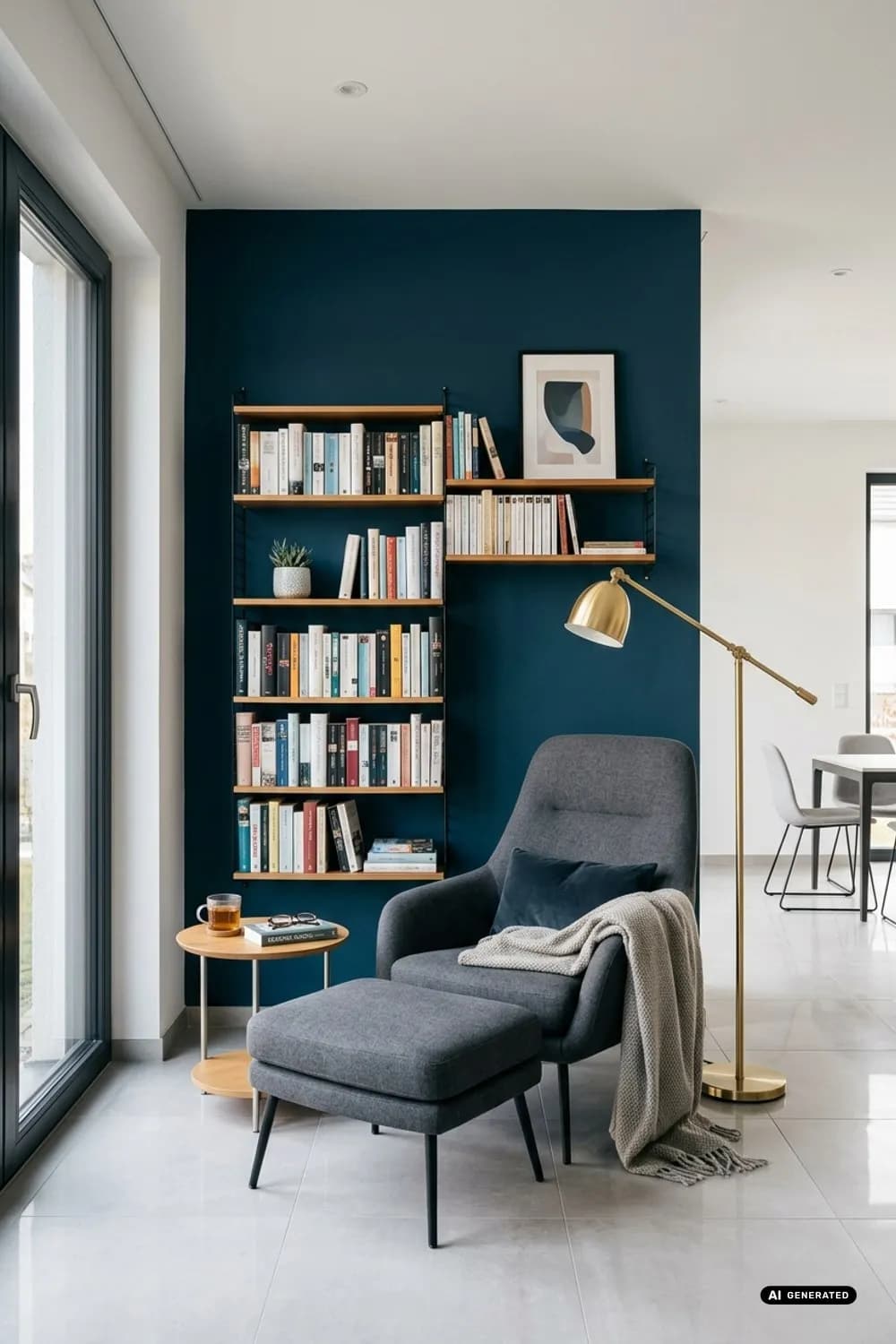 Dunkelblaue Leseecke: Bücherregale an der Wand und eine goldene Leselampe – Wandgestaltung im Zimmer: 7 schöne Ideen