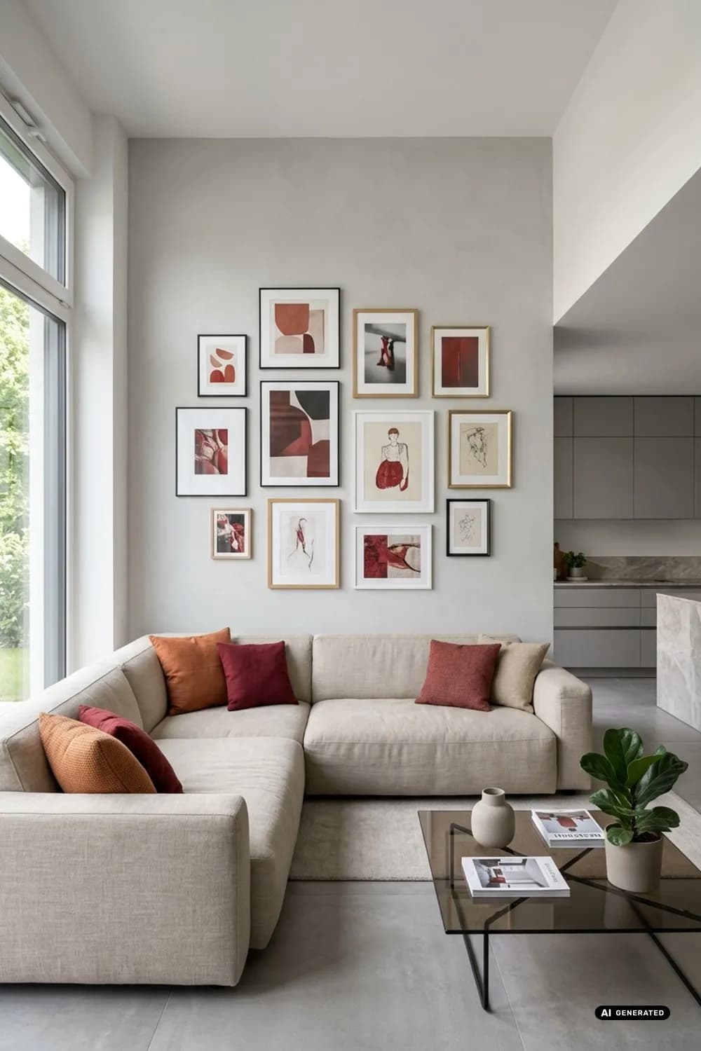 Eklektische Bildergalerie: Wohnzimmer mit gemischten Rahmen über einem Leinensofa – Wandgestaltung im Zimmer: 7 schöne Ideen