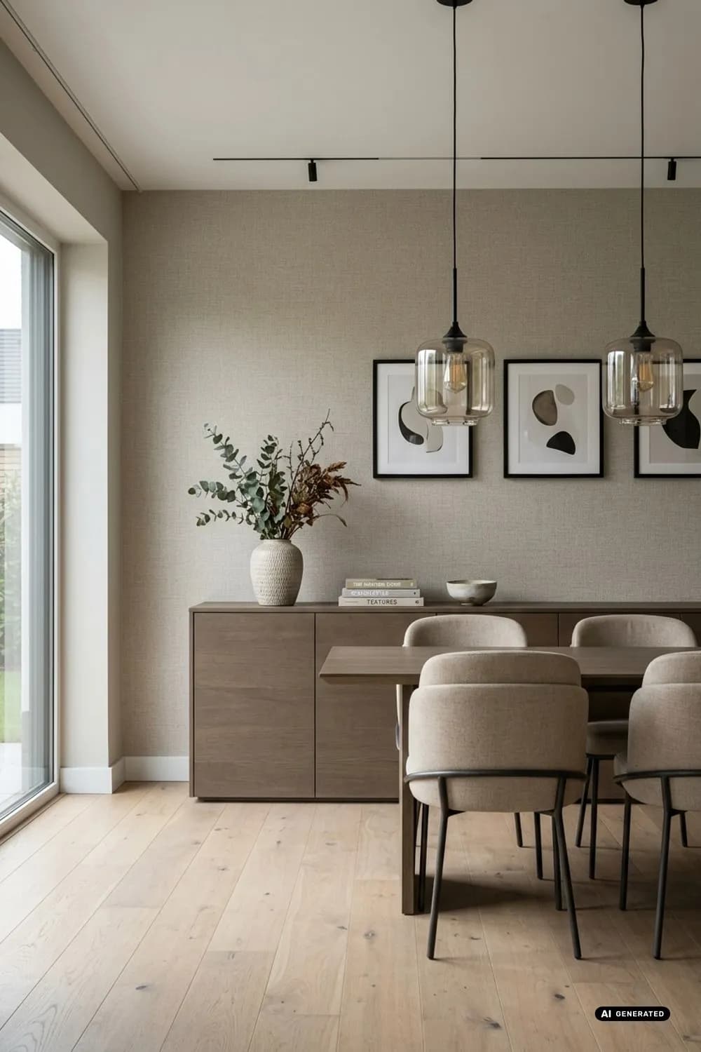 Essbereich mit Leinentapete: Strukturtapete, langes Sideboard und zwei Pendelleuchten – Wandgestaltung im Zimmer: 7 schöne Ideen