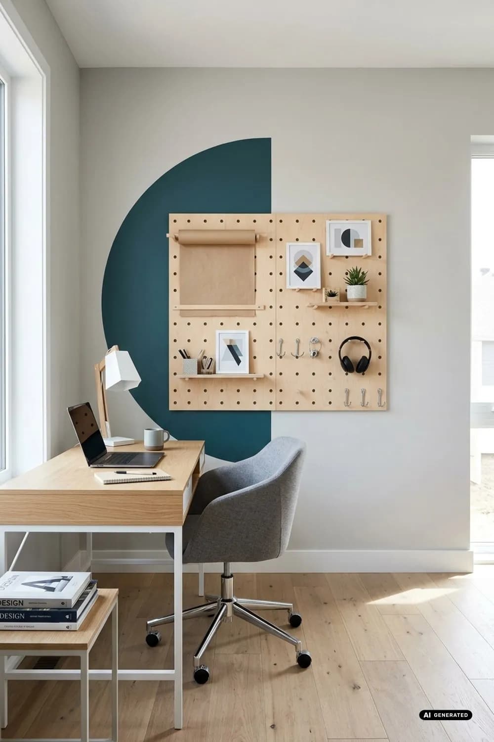 Kreatives Homeoffice: Geometrisches Farbfeld trifft auf eine funktionale Stecktafel – Wandgestaltung im Zimmer: 7 schöne Ideen