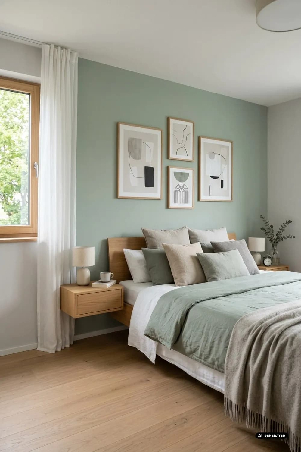 Salbeigrüne Akzentwand: Schlafzimmer mit schwebenden Nachttischen und Leinwanddrucken – Wandgestaltung im Zimmer: 7 schöne Ideen