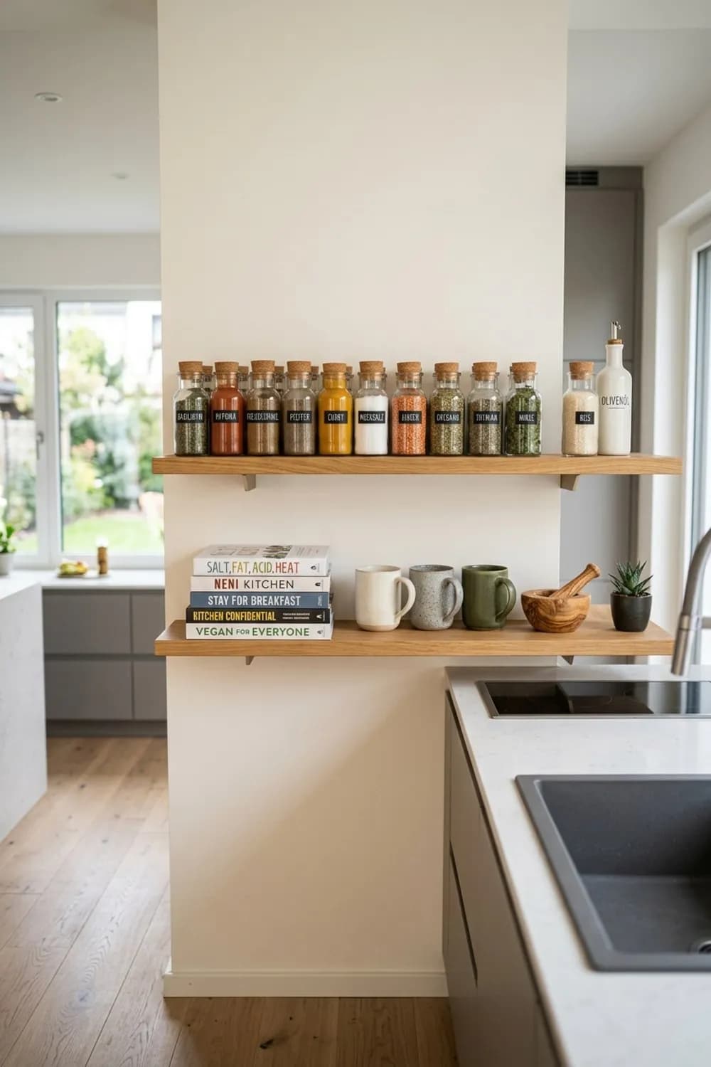 Der organisierte Küchenhelfer: Gewürze in Glas, Kochbücher und Lieblingstassen – Wandregal dekorieren: 11 schöne Ideen
