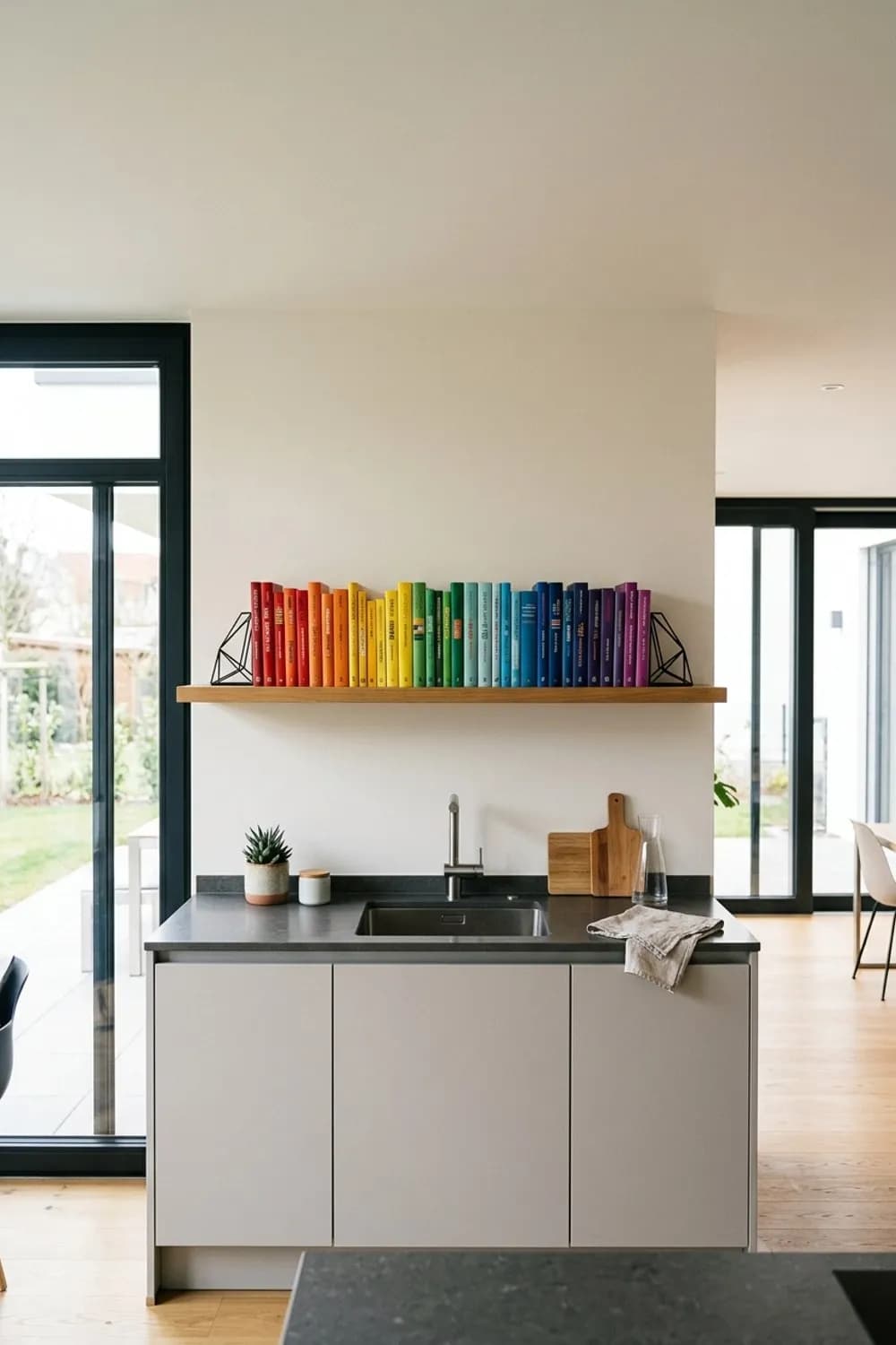 Die Bibliothek für Ästheten: Bücher nach Farben sortiert und stilvolle Buchstützen – Wandregal dekorieren: 11 schöne Ideen