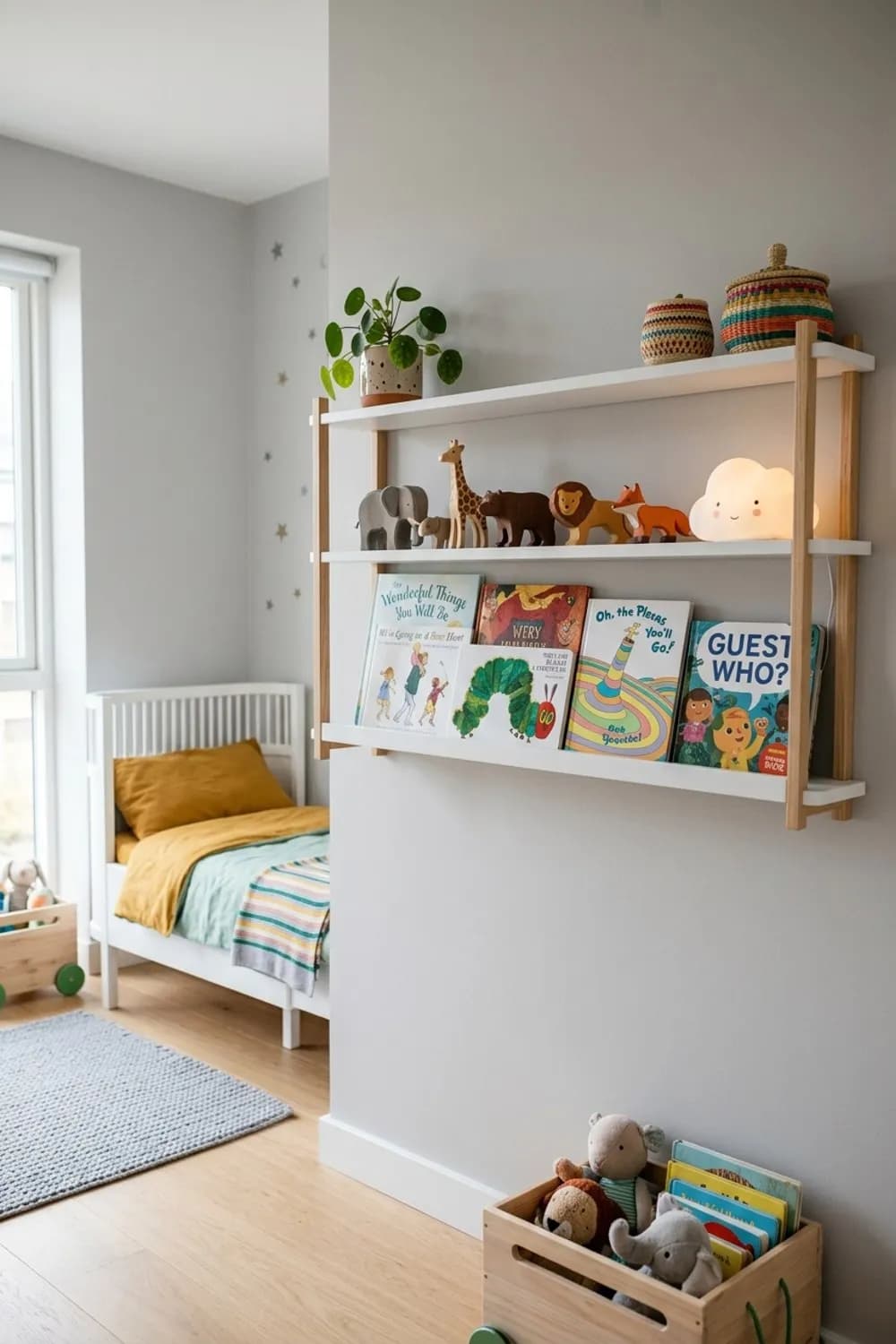Verspieltes Kinderzimmer-Regal: Holztiere, Lieblingsbücher und ein Nachtlicht – Wandregal dekorieren: 11 schöne Ideen