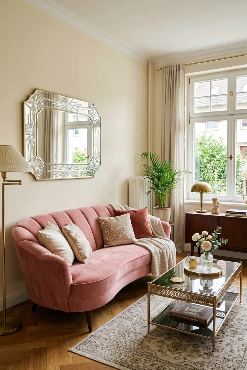 Art-Déco-Glamour: Geschwungenes Sofa in Rosa, ein Glastisch mit Goldgestell und ein Spiegel mit Facettenschliff – Wohnzimmer-Ideen: Die 9 schönsten Inspirationen für Ihr Wohnzimmer