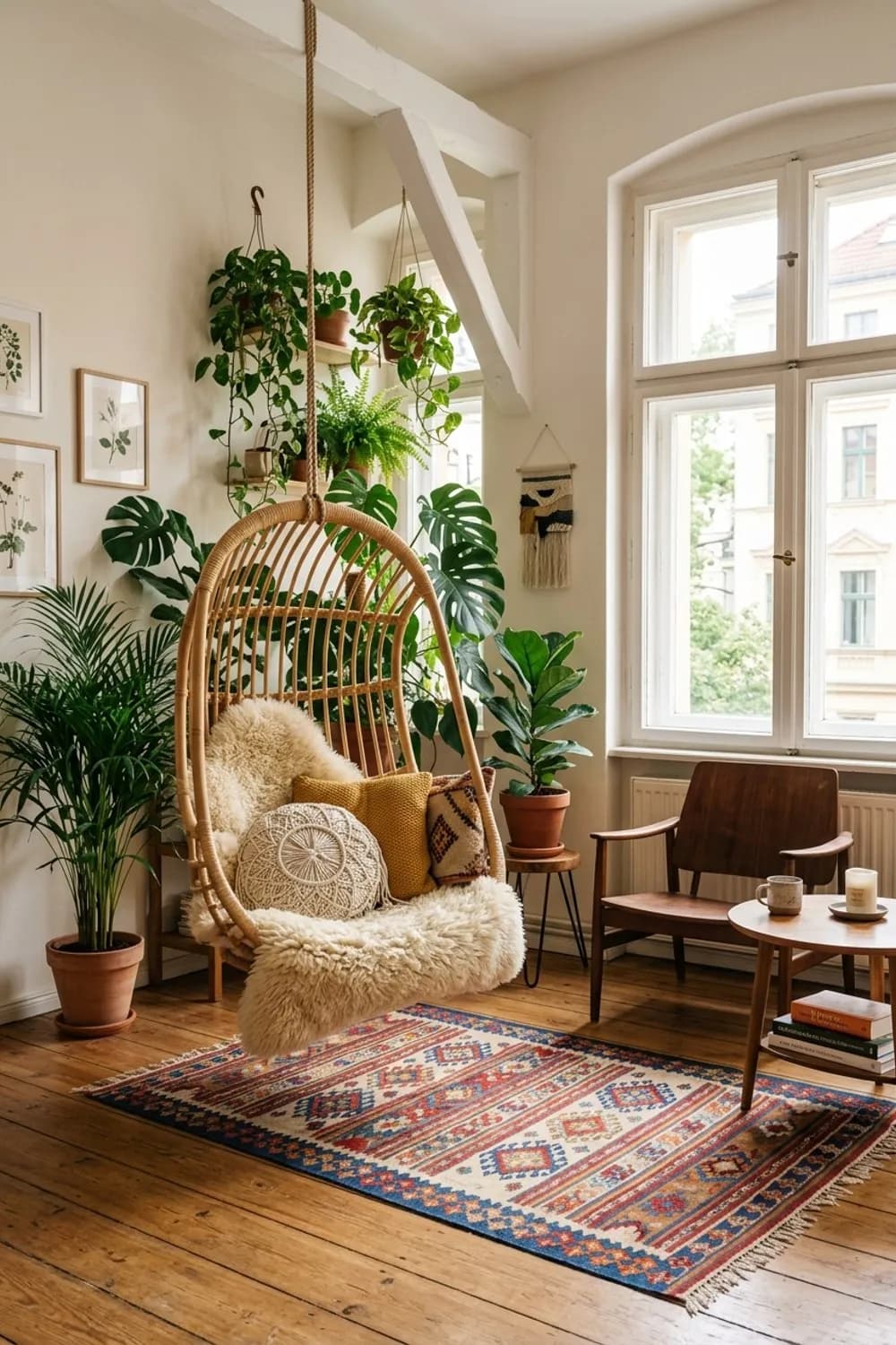 Boho-Oase: Rattan-Hängesessel, ein bunter Kelim-Teppich und viele Grünpflanzen – Wohnzimmer-Ideen: Die 9 schönsten Inspirationen für Ihr Wohnzimmer