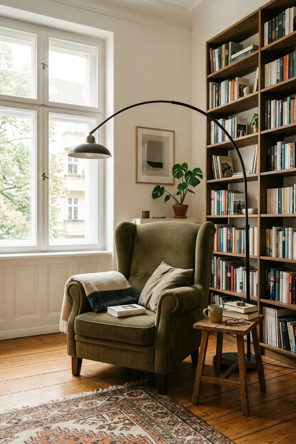 Gemütliche Leseecke: Ohrensessel aus Cord, eine Bogenlampe aus Metall und ein wandhohes Bücherregal – Wohnzimmer-Ideen: Die 9 schönsten Inspirationen für Ihr Wohnzimmer
