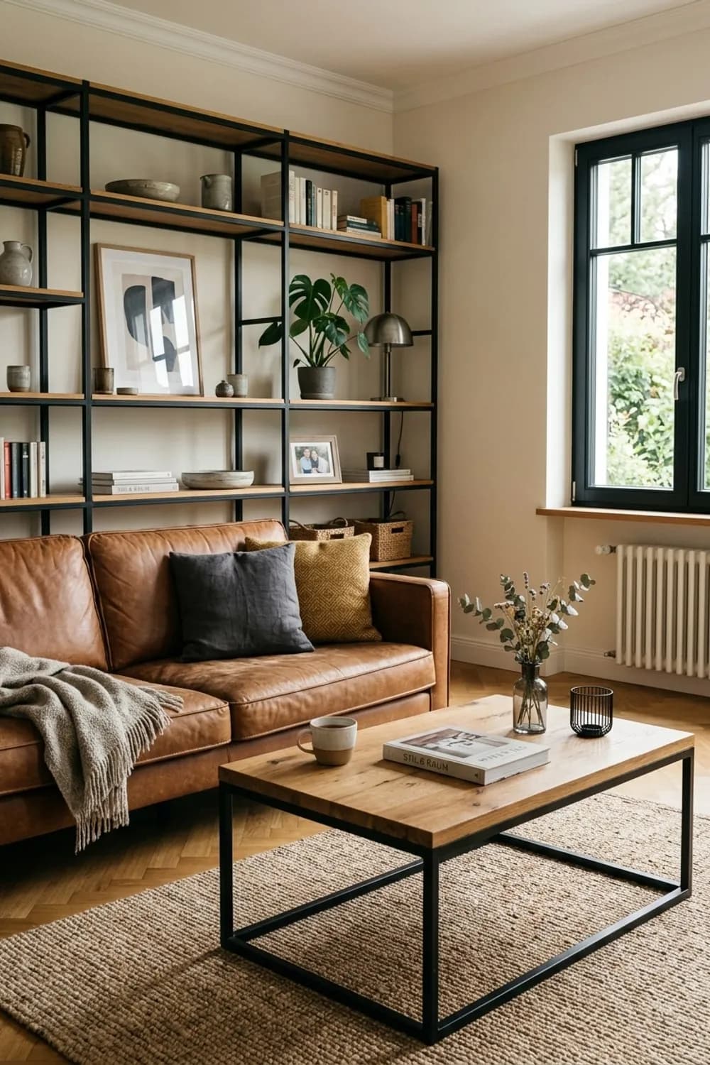 Industrial Charme: Cognacfarbenes Ledersofa, Couchtisch mit Metallgestell und ein offenes Regal – Wohnzimmer-Ideen: Die 9 schönsten Inspirationen für Ihr Wohnzimmer