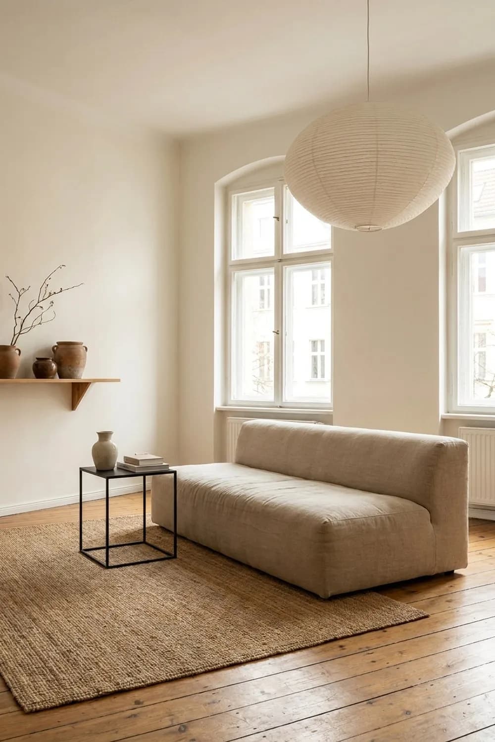 Japandi-Minimalismus: Niedriges beiges Sofa, schwarzer Beistelltisch und eine Papierleuchte – Wohnzimmer-Ideen: Die 9 schönsten Inspirationen für Ihr Wohnzimmer