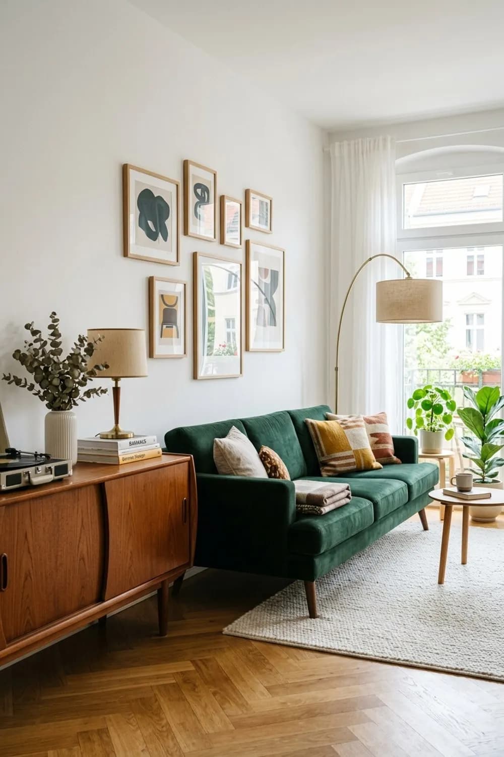 Mid-Century Eleganz: Dunkelgrünes Samtsofa, Sideboard aus Teakholz und eine Messing-Stehlampe – Wohnzimmer-Ideen: Die 9 schönsten Inspirationen für Ihr Wohnzimmer