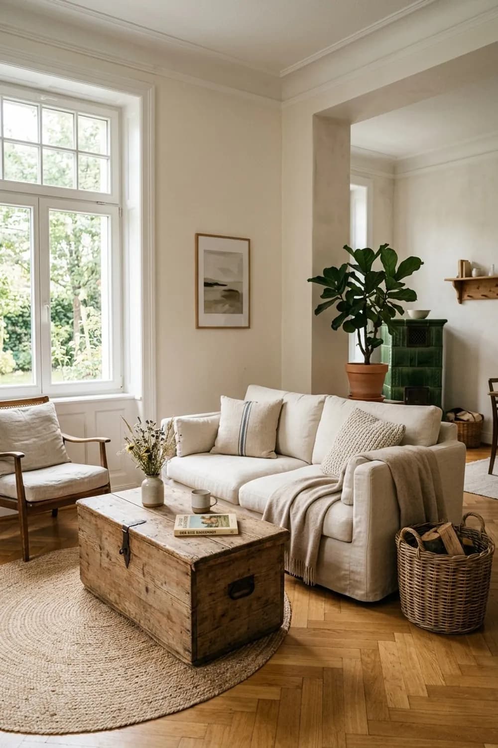 Modernes Landhaus: Cremefarbenes Leinensofa, eine massive Holztruhe als Tisch und Korb-Elemente – Wohnzimmer-Ideen: Die 9 schönsten Inspirationen für Ihr Wohnzimmer