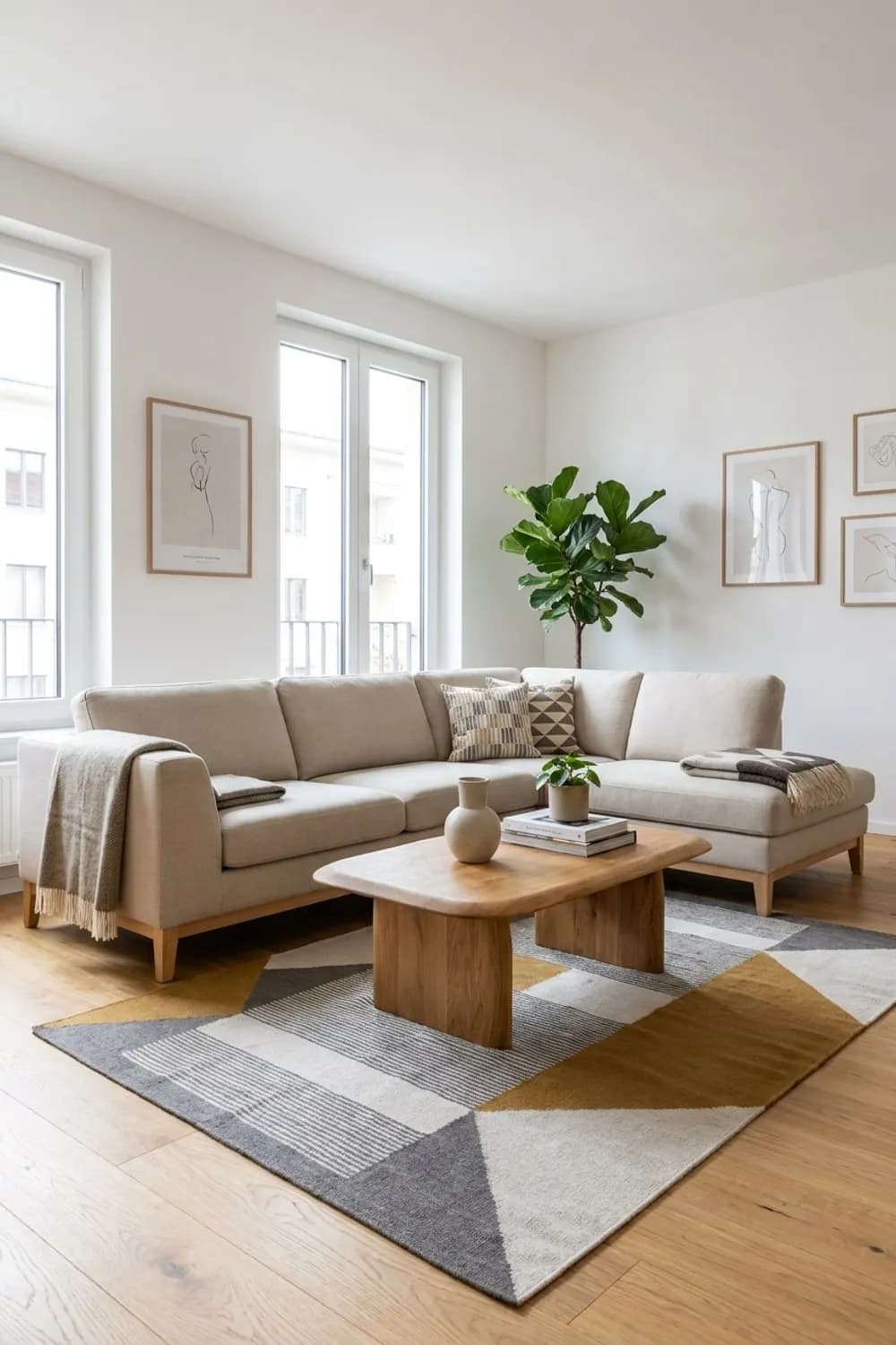 Skandi-Chic: Helles Ecksofa, Couchtisch aus Eiche und ein Teppich mit grafischem Muster – Wohnzimmer-Ideen: Die 9 schönsten Inspirationen für Ihr Wohnzimmer