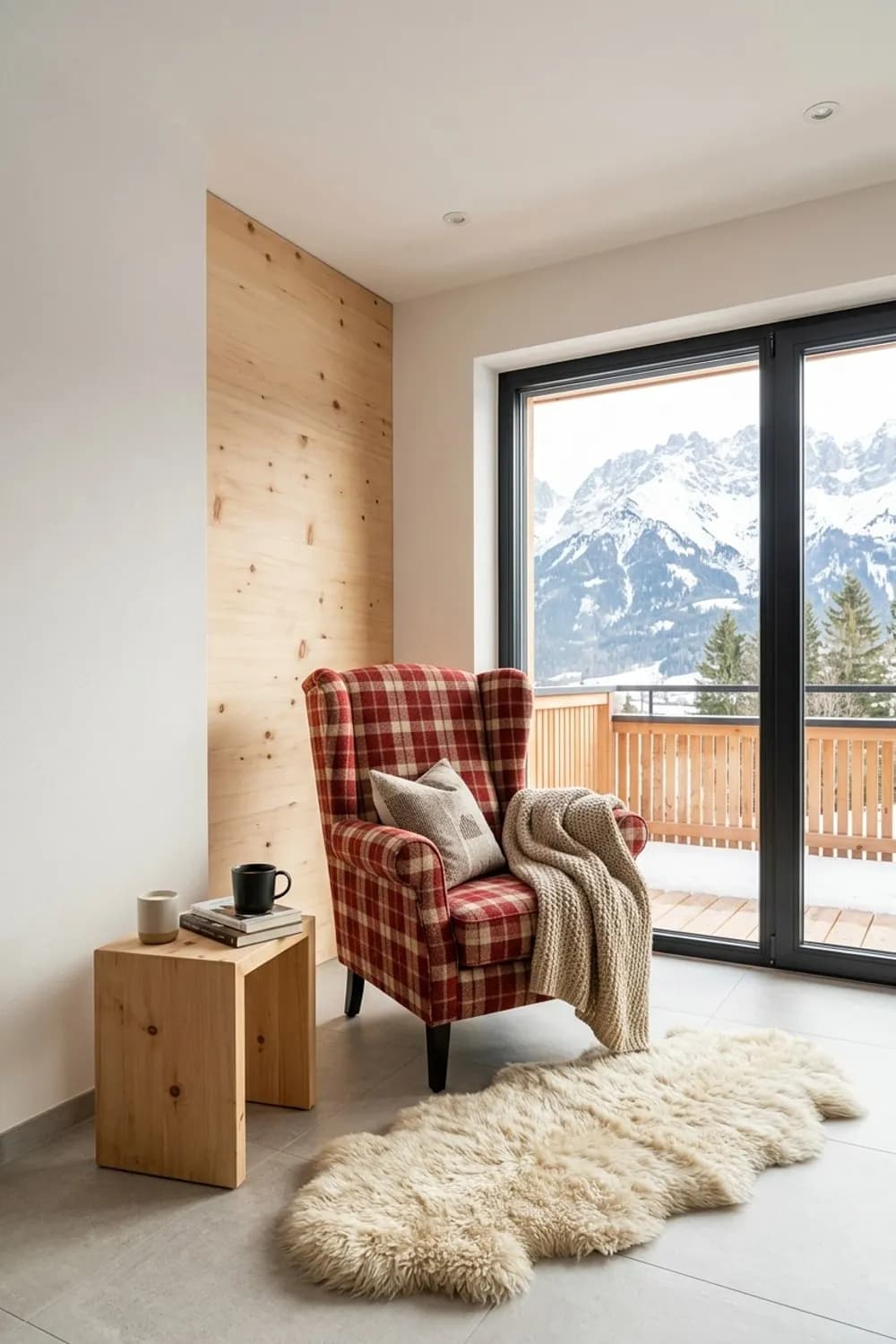 Alpiner Chalet-Stil: Ohrensessel mit Karomuster, ein kuschliger Fellteppich und viel Zirbenholz – Wohnzimmer im Landhausstil: 8 schöne Ideen