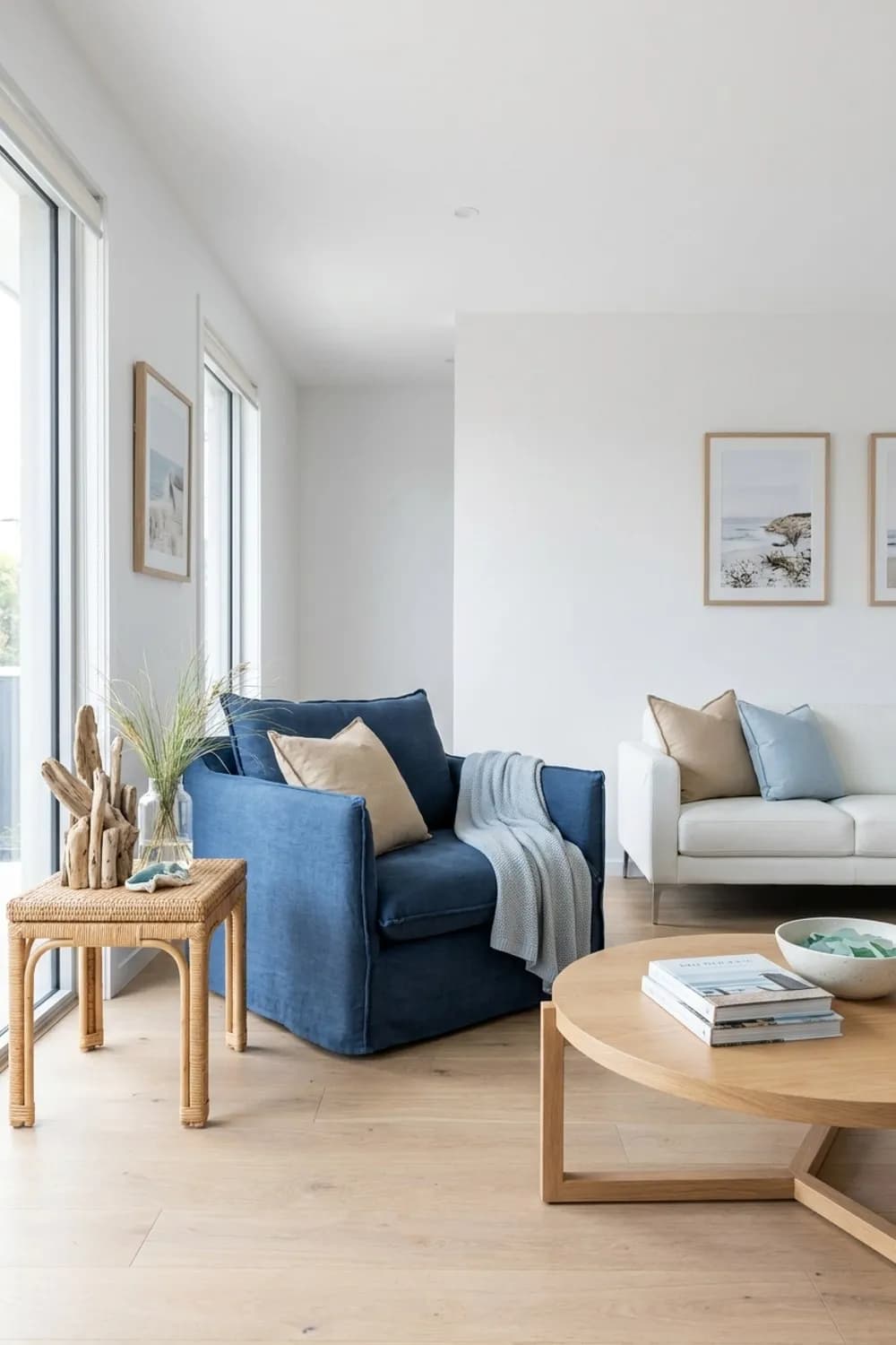 Coastal Farmhouse: Blauer Leinensessel, Rattan-Elemente und Deko aus Treibholz – Wohnzimmer im Landhausstil: 8 schöne Ideen