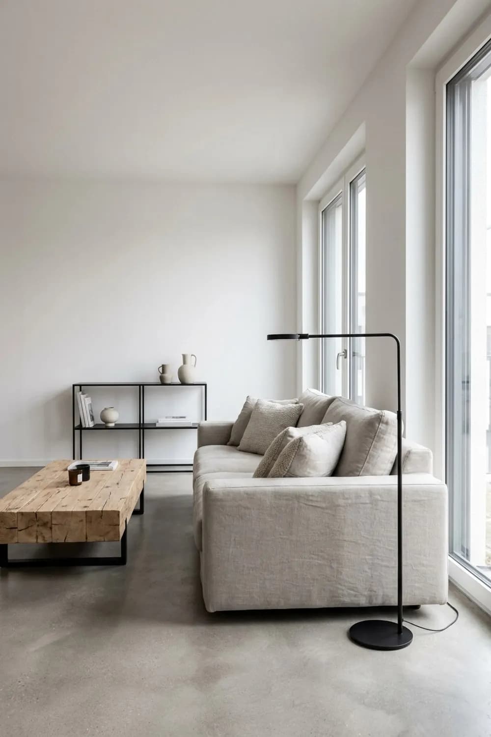 Modern Country: Helles Leinensofa, Couchtisch aus Altholz und schwarze Metallakzente – Wohnzimmer im Landhausstil: 8 schöne Ideen