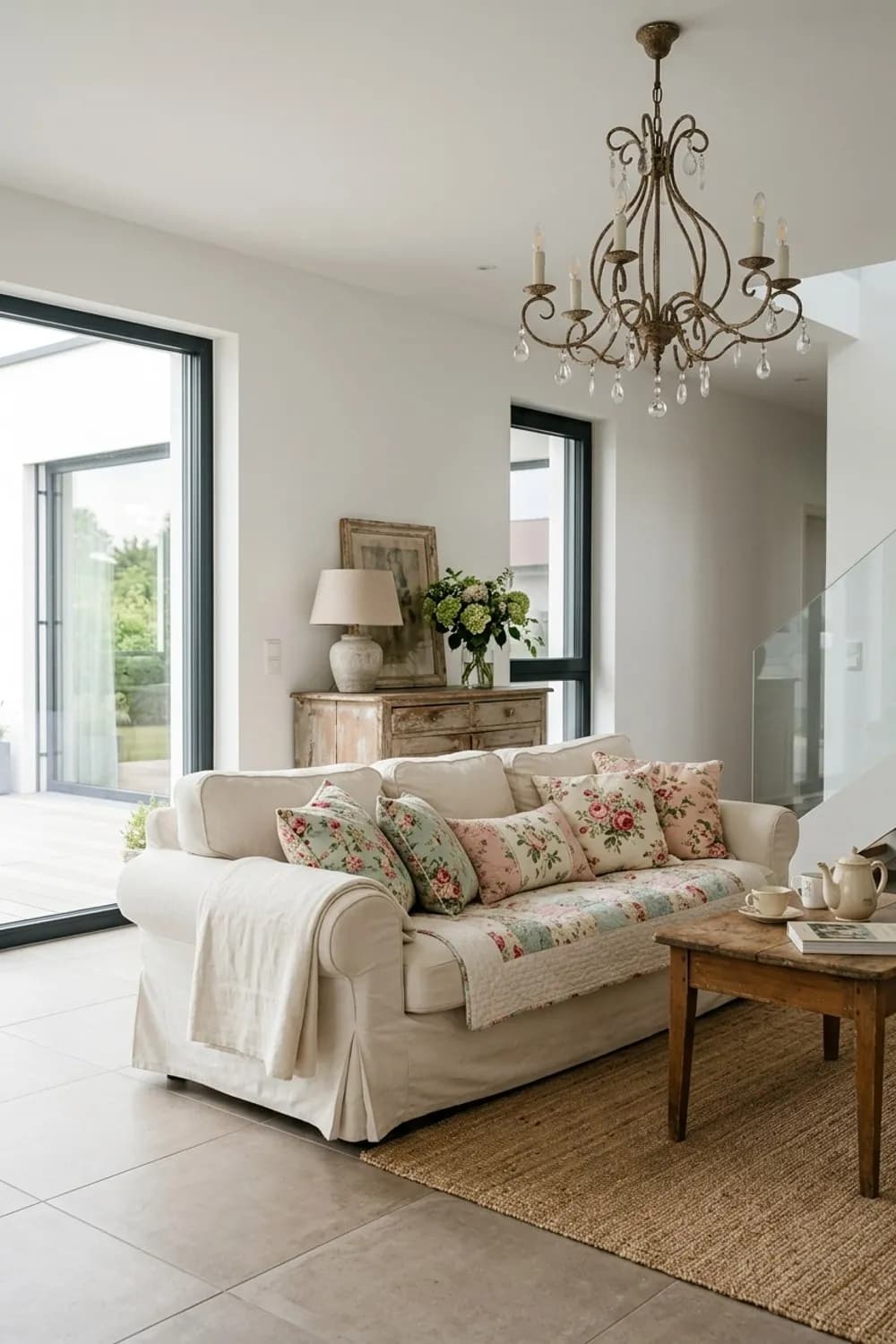 Romantischer Shabby Chic: Cremeweißes Hussensofa, florale Kissen und ein alter Kronleuchter – Wohnzimmer im Landhausstil: 8 schöne Ideen