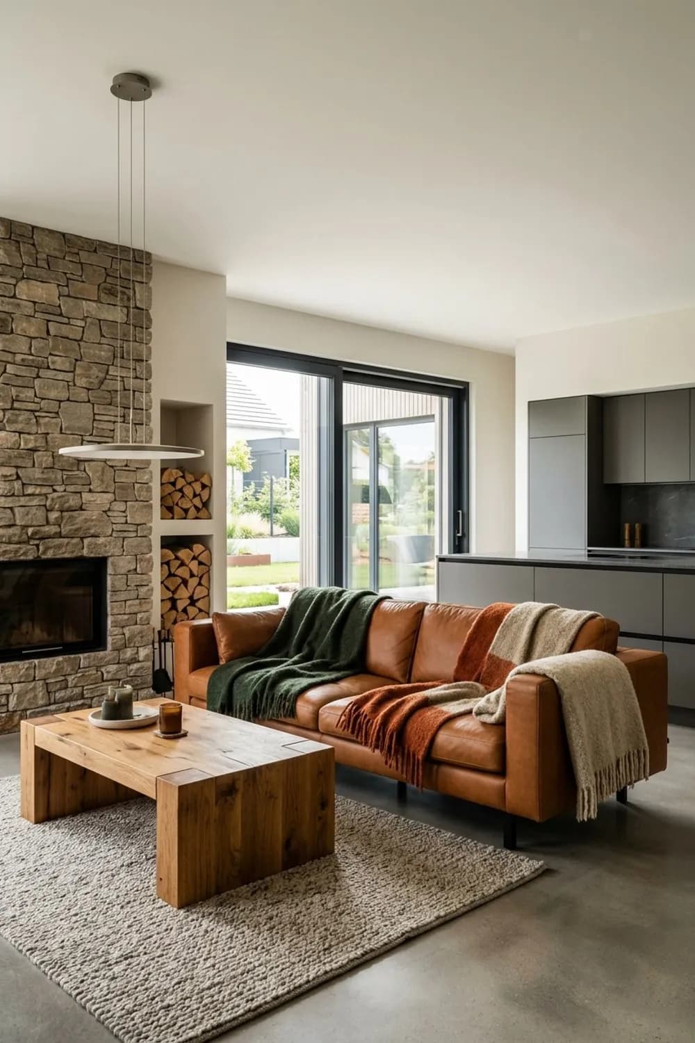 Rustikaler Hüttenzauber: Cognacfarbenes Ledersofa, ein gemauerter Kamin und schwere Wollplaids – Wohnzimmer im Landhausstil: 8 schöne Ideen