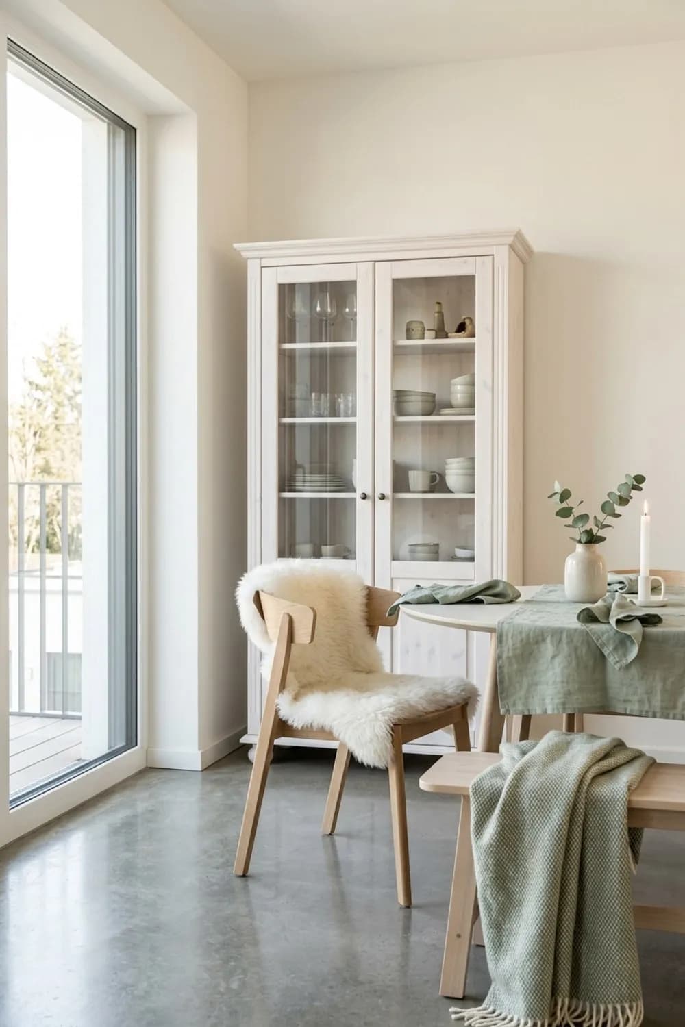 Skandi-Landhaus: Weiß lasierte Vitrine, Schaffelle und Textilien in Salbeigrün – Wohnzimmer im Landhausstil: 8 schöne Ideen