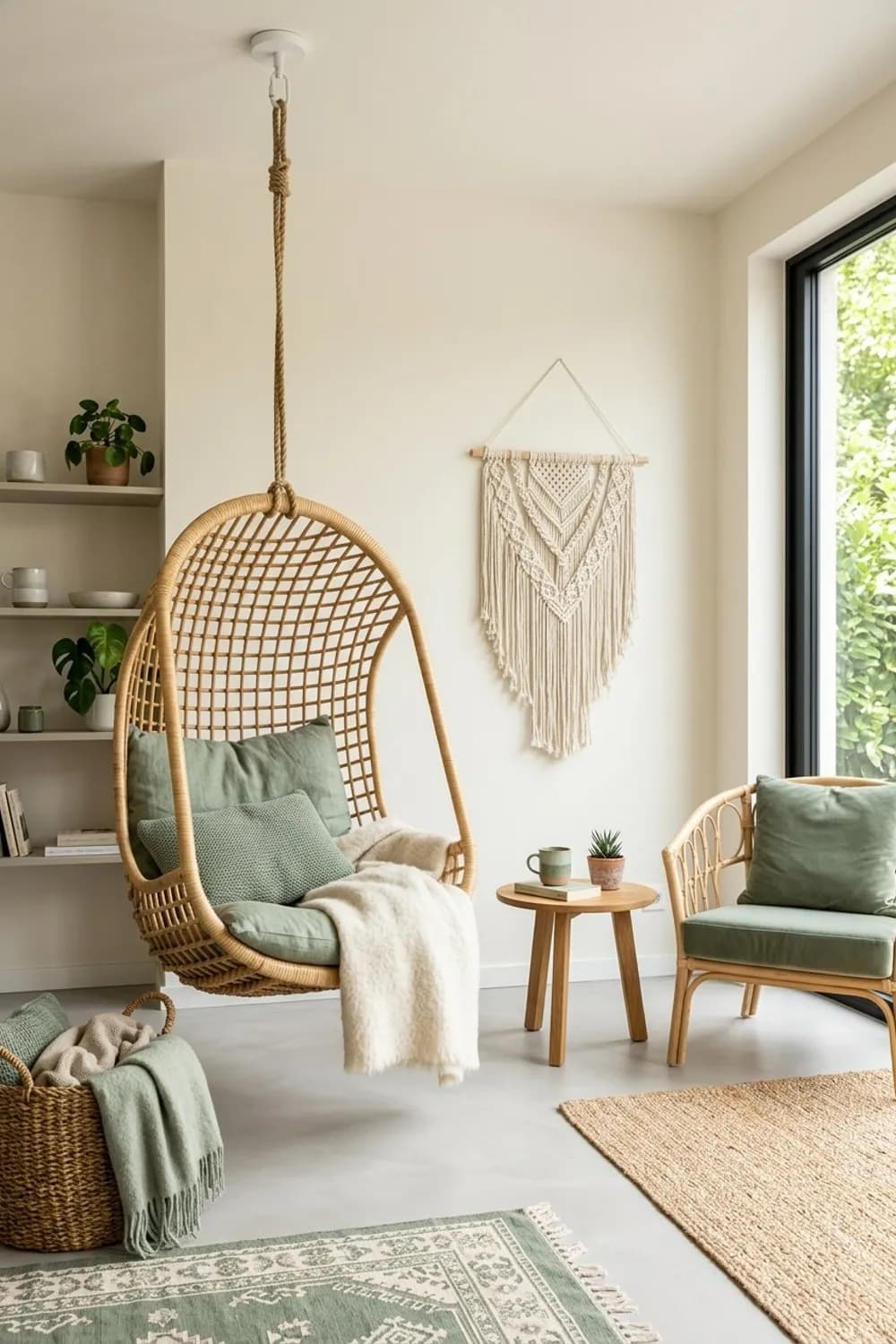 Boho-Vibes: Rattan-Sessel, Makramee-Wandbehang und salbeigrüne Textilien – Wohnzimmer in Salbeigrün: 7 schöne Ideen