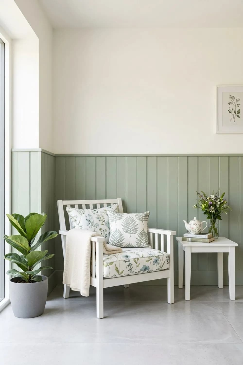 Gemütlicher Landhausstil: Weiße Holzmöbel, florale Muster und getäfelte Salbeiwand – Wohnzimmer in Salbeigrün: 7 schöne Ideen