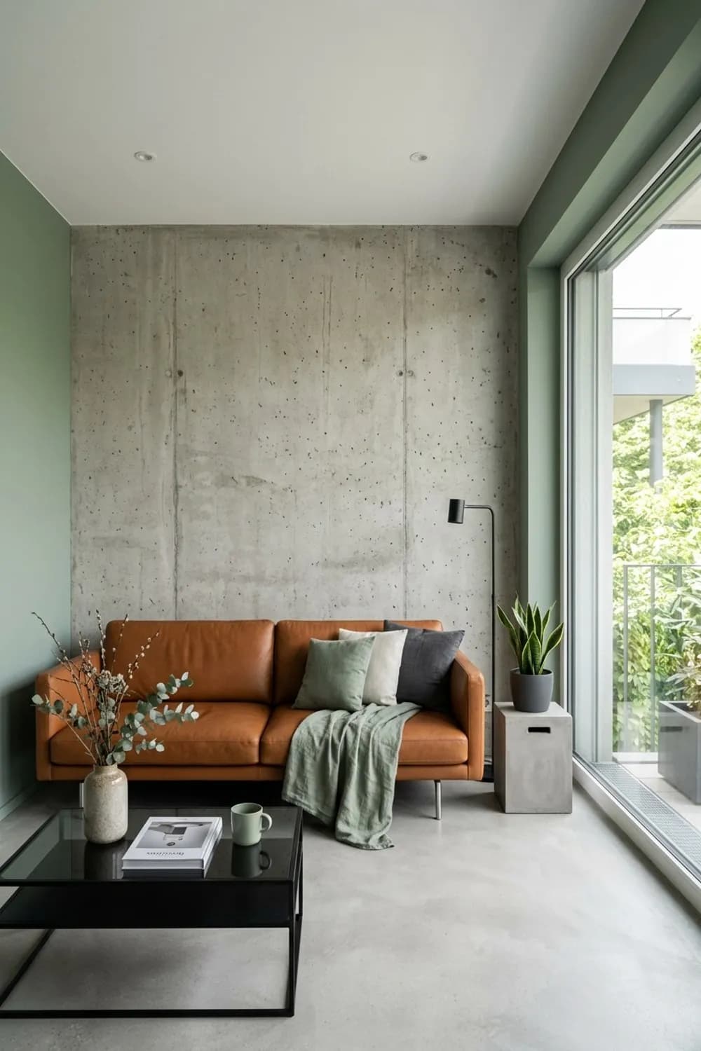 Industrial Chic trifft Natur: Sichtbetonwand, cognacfarbenes Ledersofa und Salbei als Ausgleich – Wohnzimmer in Salbeigrün: 7 schöne Ideen
