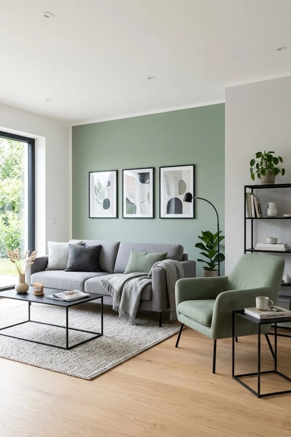 Minimalistisch mit Kontrast: Graues Sofa, schwarze Stahl-Elemente und ein Salbei-Sessel – Wohnzimmer in Salbeigrün: 7 schöne Ideen