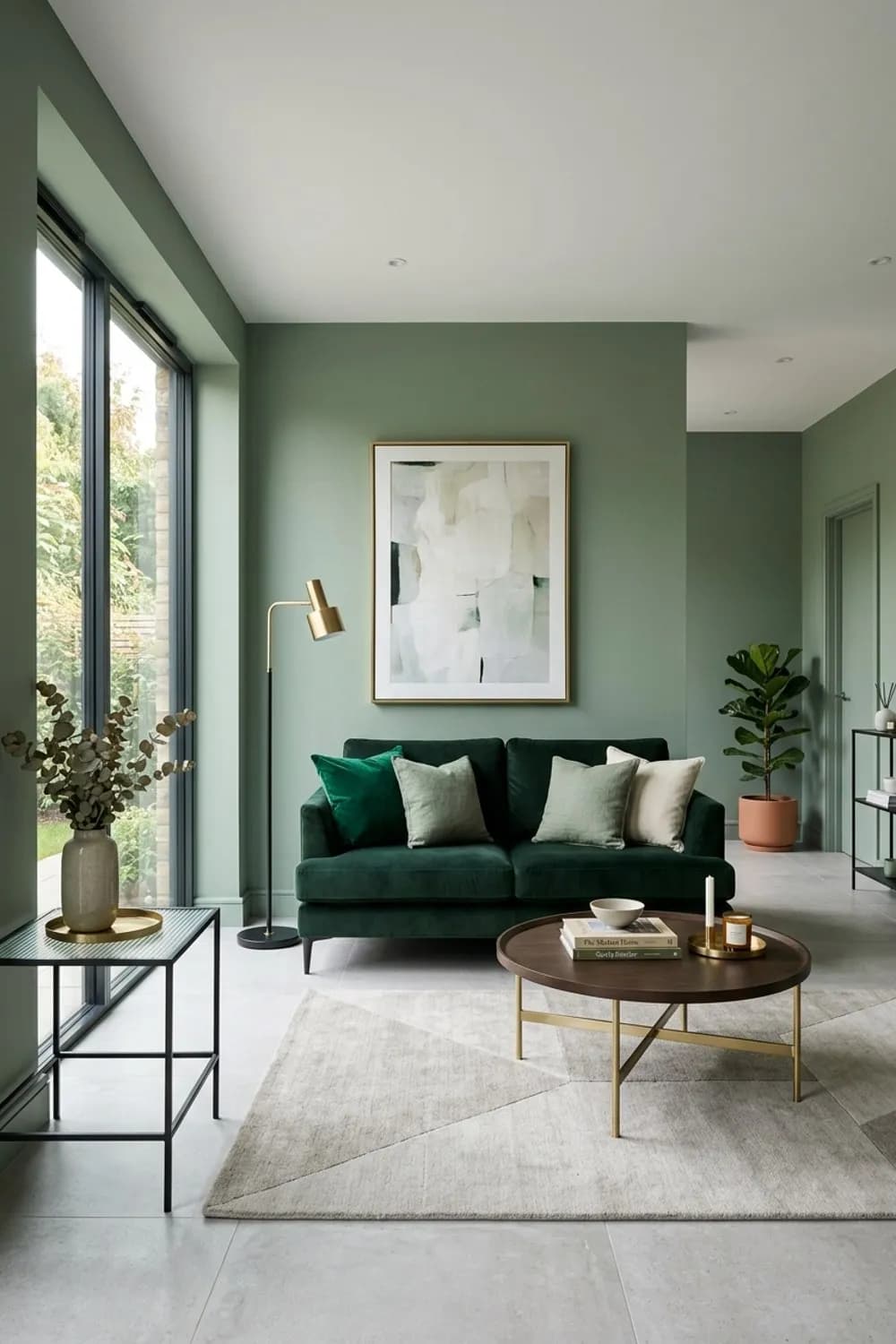 Modern und elegant: Dunkelgrünes Samtsofa vor Salbeiwand und Messing-Akzente – Wohnzimmer in Salbeigrün: 7 schöne Ideen