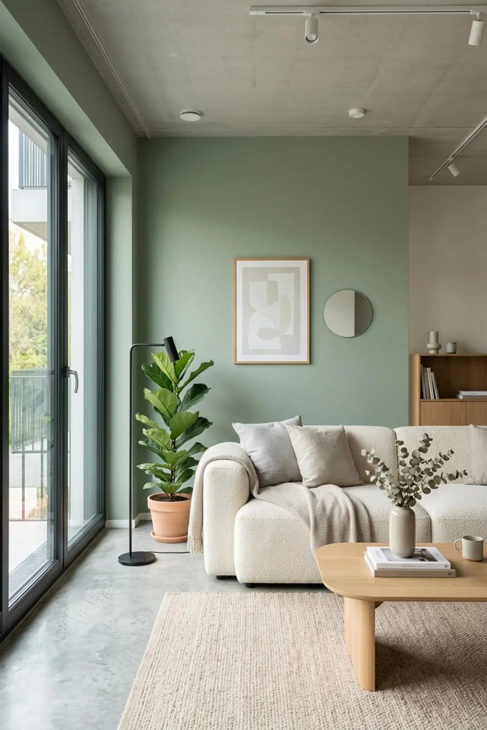 Skandinavische Leichtigkeit: Salbeigrüne Akzentwand, cremefarbenes Sofa und helle Eichenmöbel – Wohnzimmer in Salbeigrün: 7 schöne Ideen