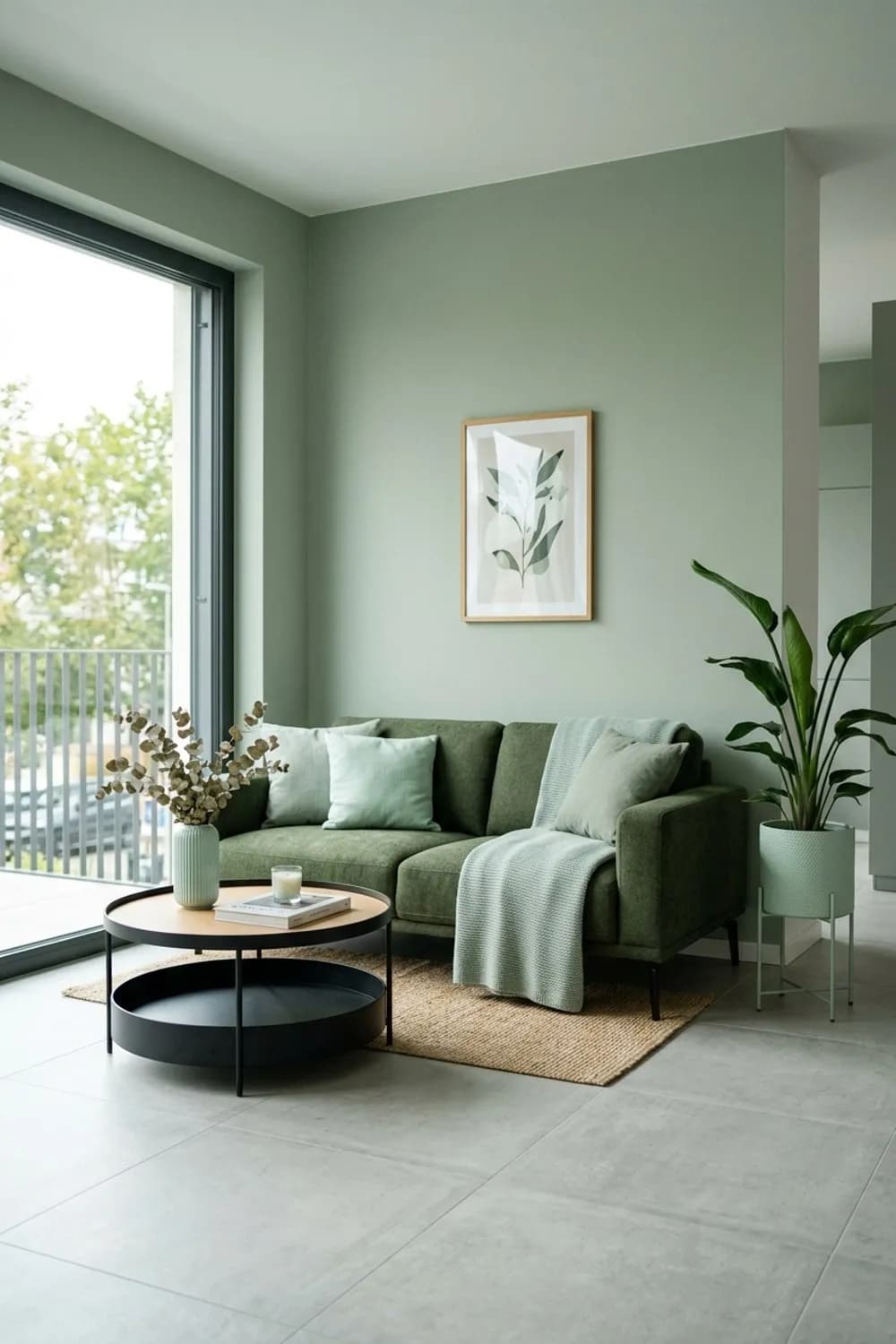 Ton-in-Ton Harmonie: Salbeiwand, moosgrünes Sofa und mintfarbene Deko – Wohnzimmer in Salbeigrün: 7 schöne Ideen