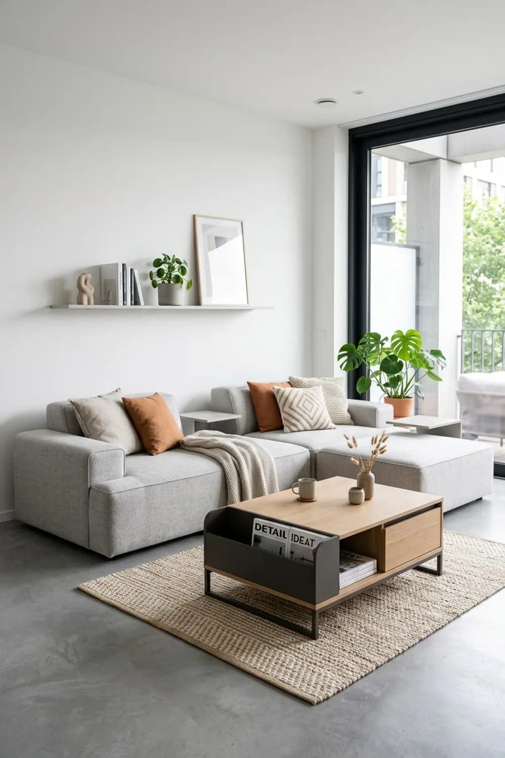 Clevere Multifunktion: Ein modulares Sofa, ein Couchtisch mit Stauraum und ein schmales Wandregal – Wohnzimmer modern dekorieren: 7 schöne Ideen