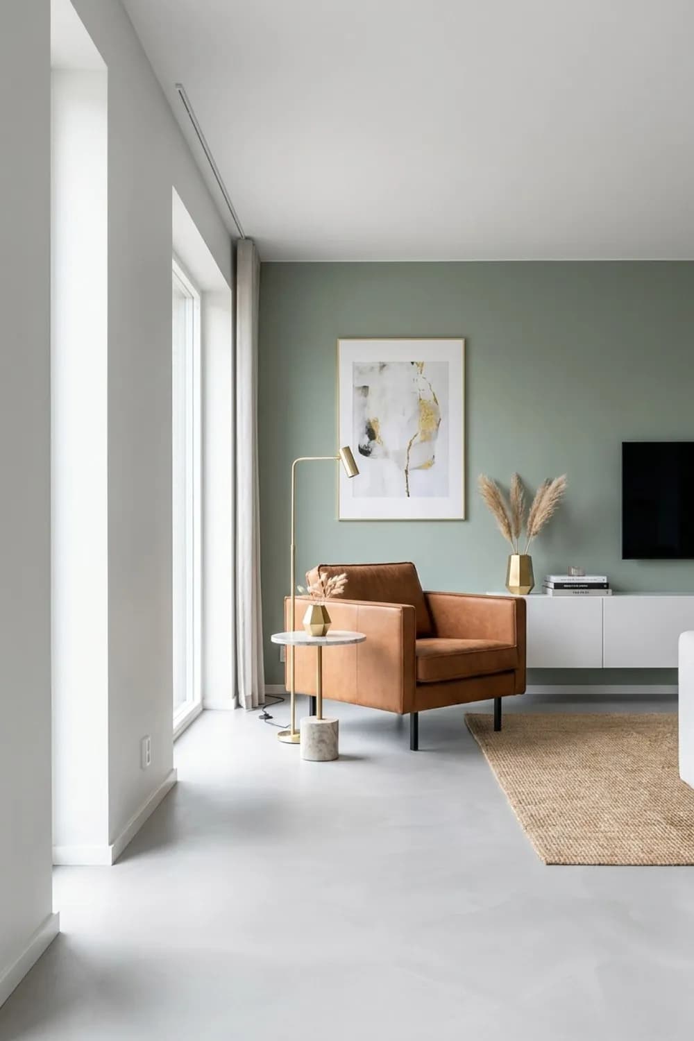 Farbige Akzentwand: Eine Wand in Salbeigrün, ein cognacfarbener Ledersessel und goldene Details – Wohnzimmer modern dekorieren: 7 schöne Ideen