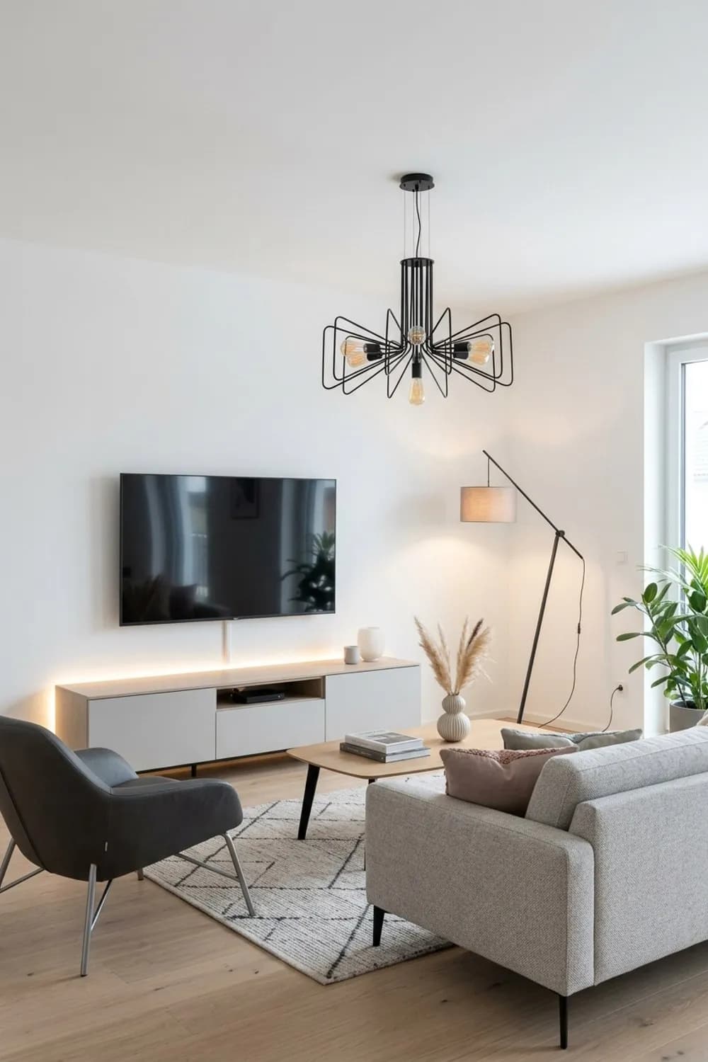 Indirekte Beleuchtung: LED-Leisten hinter dem TV-Board, eine dimmbare Stehlampe und eine Statement-Pendelleuchte – Wohnzimmer modern dekorieren: 7 schöne Ideen