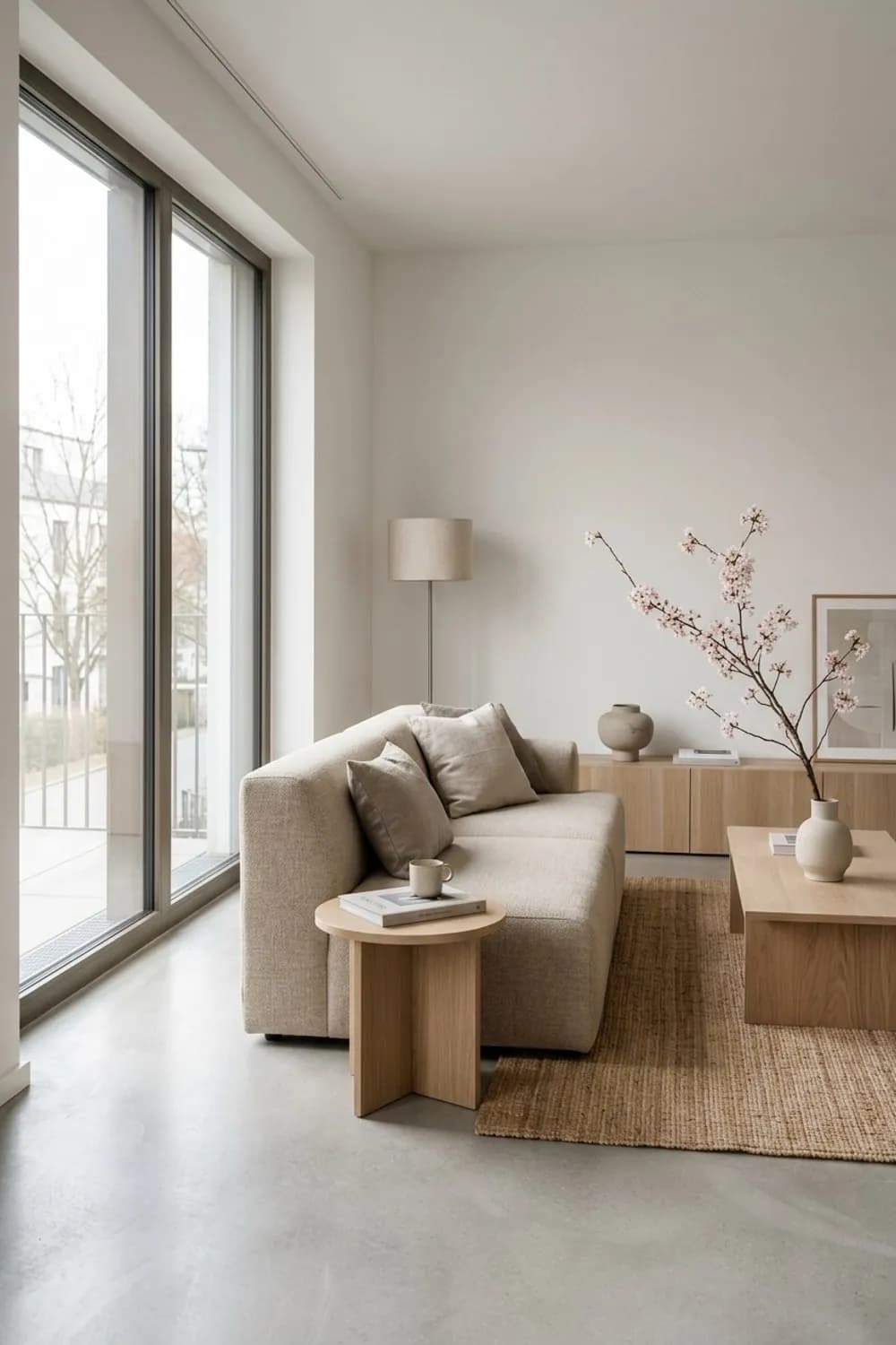 Japandi-Flair: Helles Eichenholz, ein beiges Stoffsofa und ein einzelner Kirschblütenzweig – Wohnzimmer modern dekorieren: 7 schöne Ideen