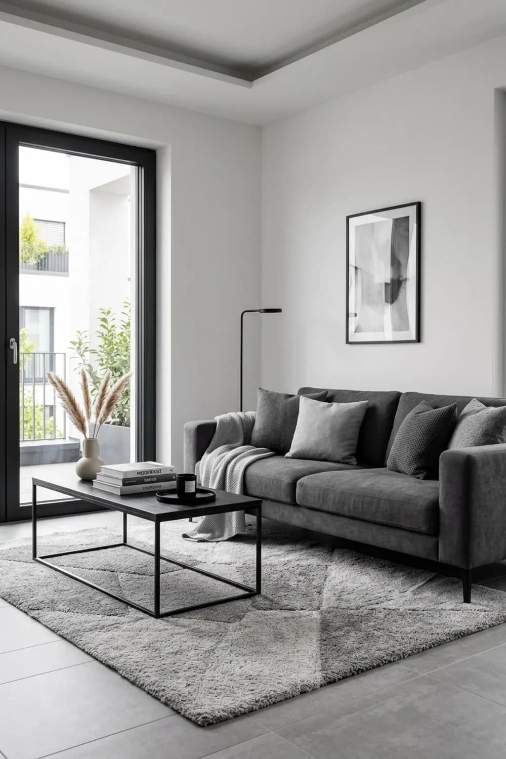 Monochromes Spiel: Graues Sofa, ein Teppich in verschiedenen Schattierungen und schwarze Metallakzente – Wohnzimmer modern dekorieren: 7 schöne Ideen
