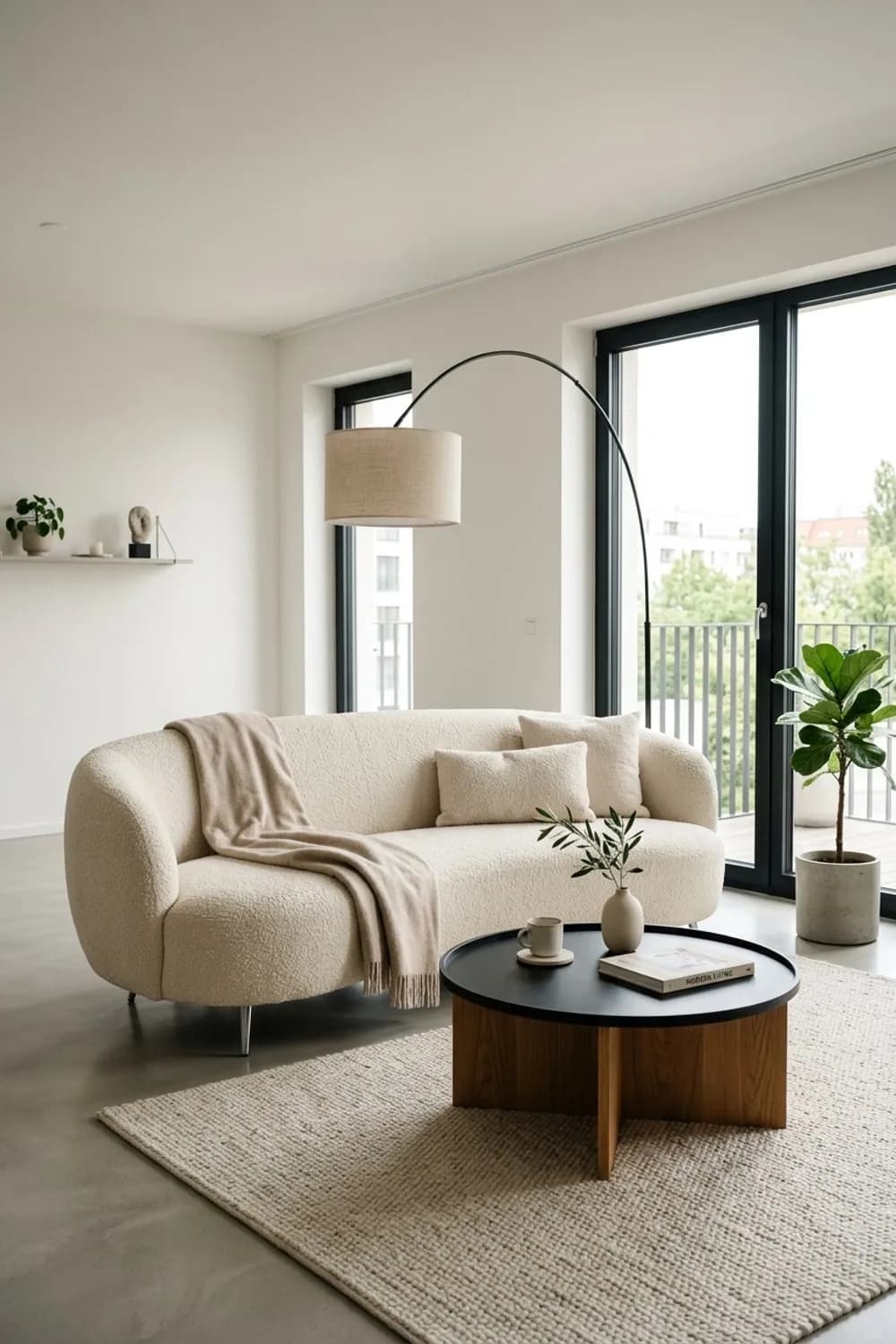 Organische Formen: Nierenförmiges Bouclé-Sofa, runder Couchtisch und eine Bogenleuchte – Wohnzimmer modern dekorieren: 7 schöne Ideen