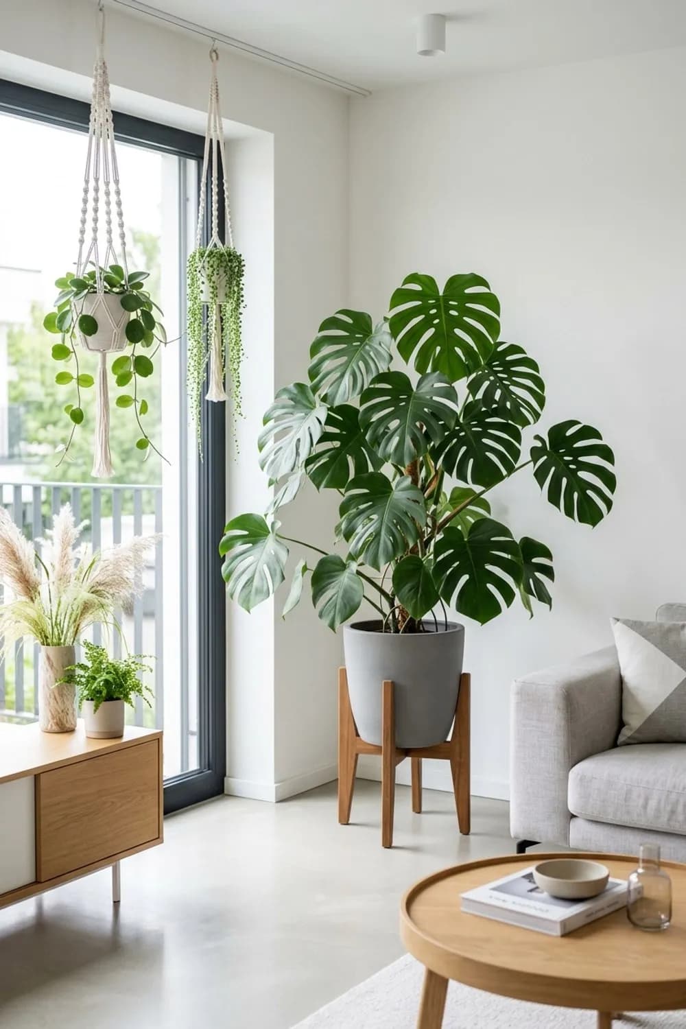 Urban Jungle Look: Eine große Monstera, Hängepflanzen im Makramee-Topf und filigrane Gräser – Wohnzimmer modern dekorieren: 7 schöne Ideen