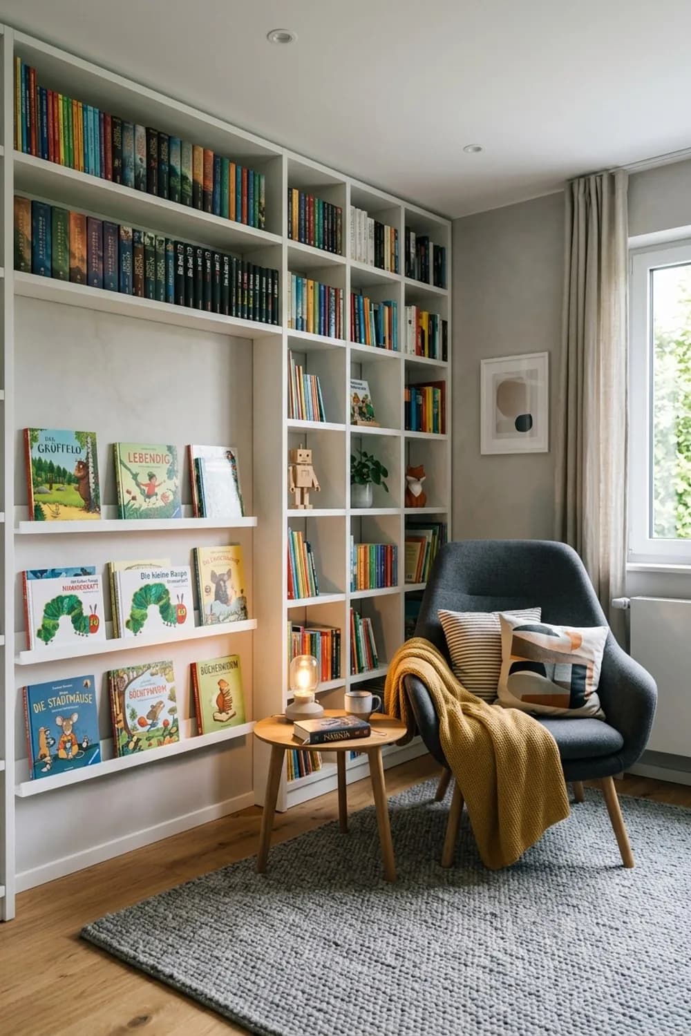 Gemütlicher Lese-Hafen: Wandregale für Bücher, ein bequemer Sessel und warmes Licht – Zimmer für Jungs einrichten: 8 schöne Ideen