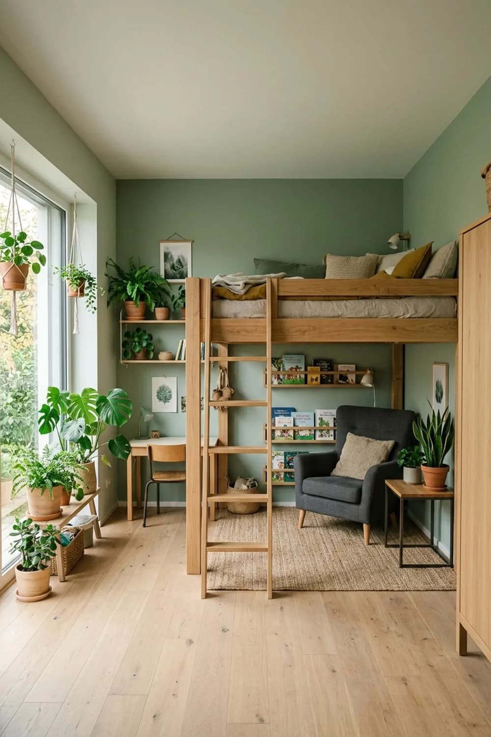 Grüne Oase im Natur-Look: Salbeigrüne Wände, Hochbett aus Holz und viele Pflanzen – Zimmer für Jungs einrichten: 8 schöne Ideen