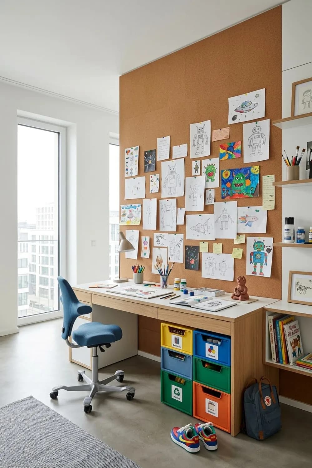 Kreativ-Werkstatt für junge Künstler: Große Pinnwand, modularer Schreibtisch und farbenfrohe Aufbewahrung – Zimmer für Jungs einrichten: 8 schöne Ideen