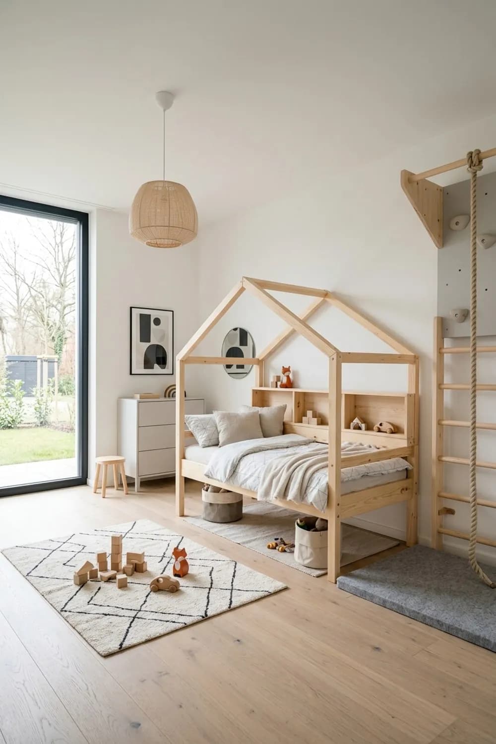 Skandinavische Abenteuerlandschaft: Helles Holz, Kletterelemente und grafische Muster – Zimmer für Jungs einrichten: 8 schöne Ideen