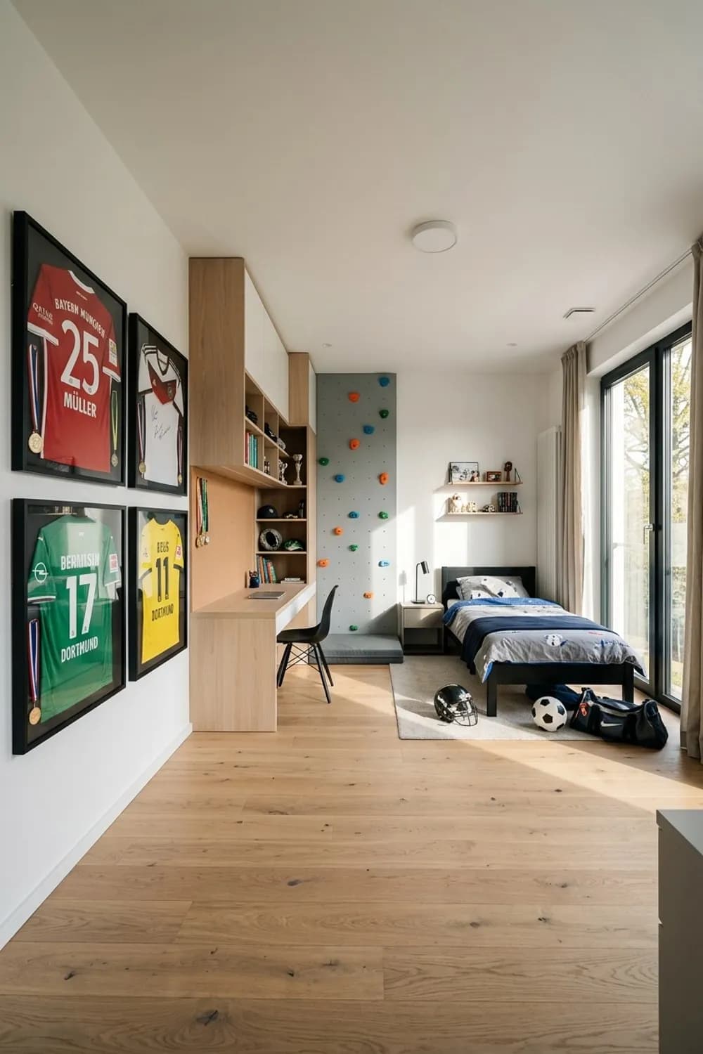 Sportler-Lounge mit System: Trikot-Galerie, multifunktionale Möbel und eine Mini-Boulderwand – Zimmer für Jungs einrichten: 8 schöne Ideen