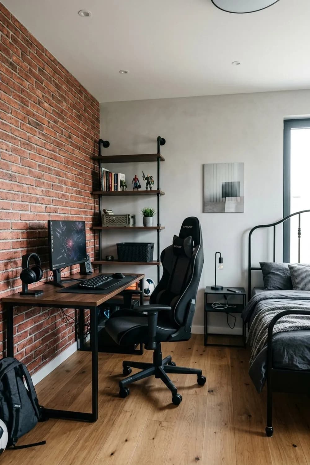 Urbane Entdeckerecke: Backstein-Tapete, Metallregale und ein stylischer Gaming-Sessel – Zimmer für Jungs einrichten: 8 schöne Ideen